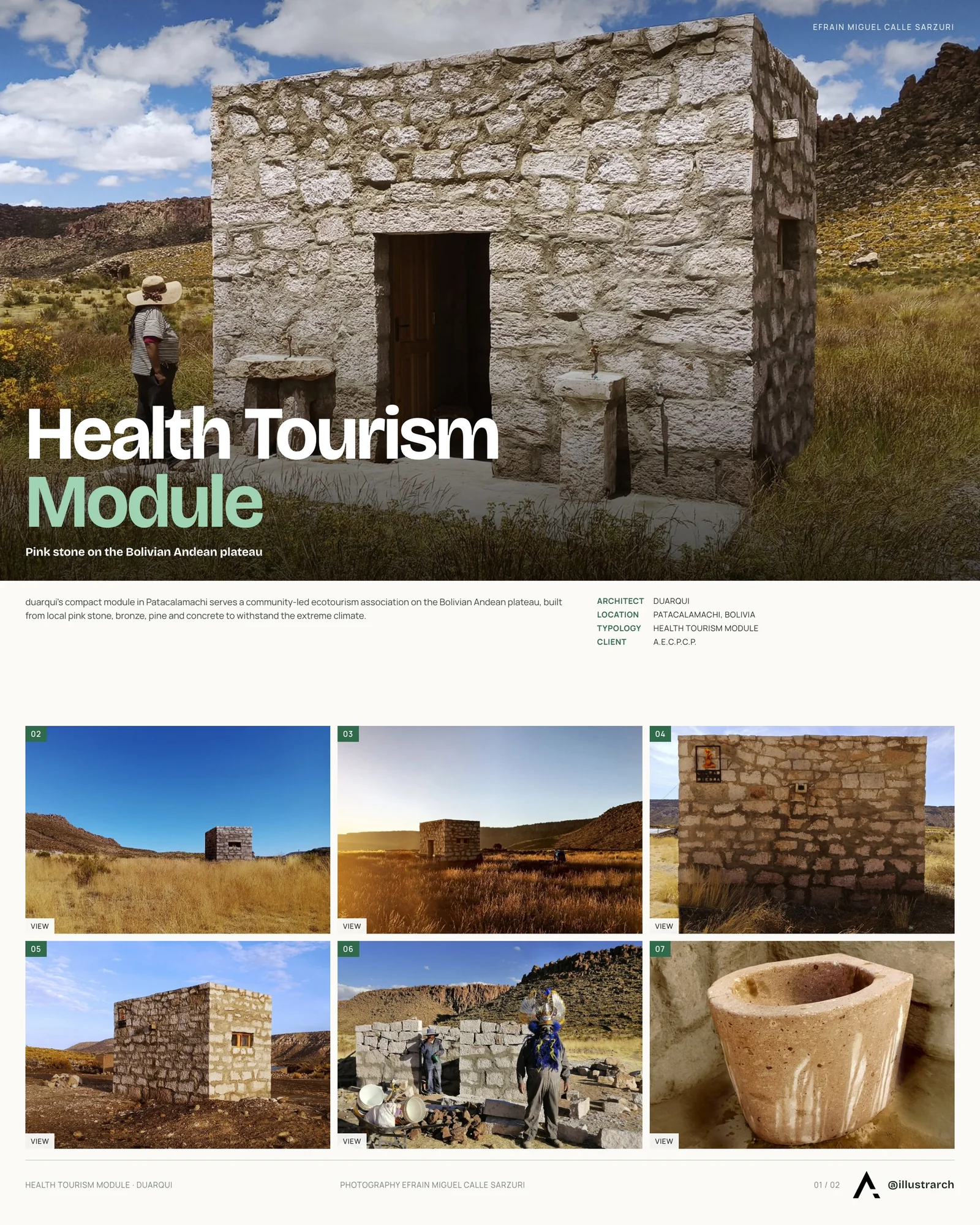 Presentation board cover for Health Tourism Module by duarqui, with the lead image, project summary and a grid of photographs and drawings