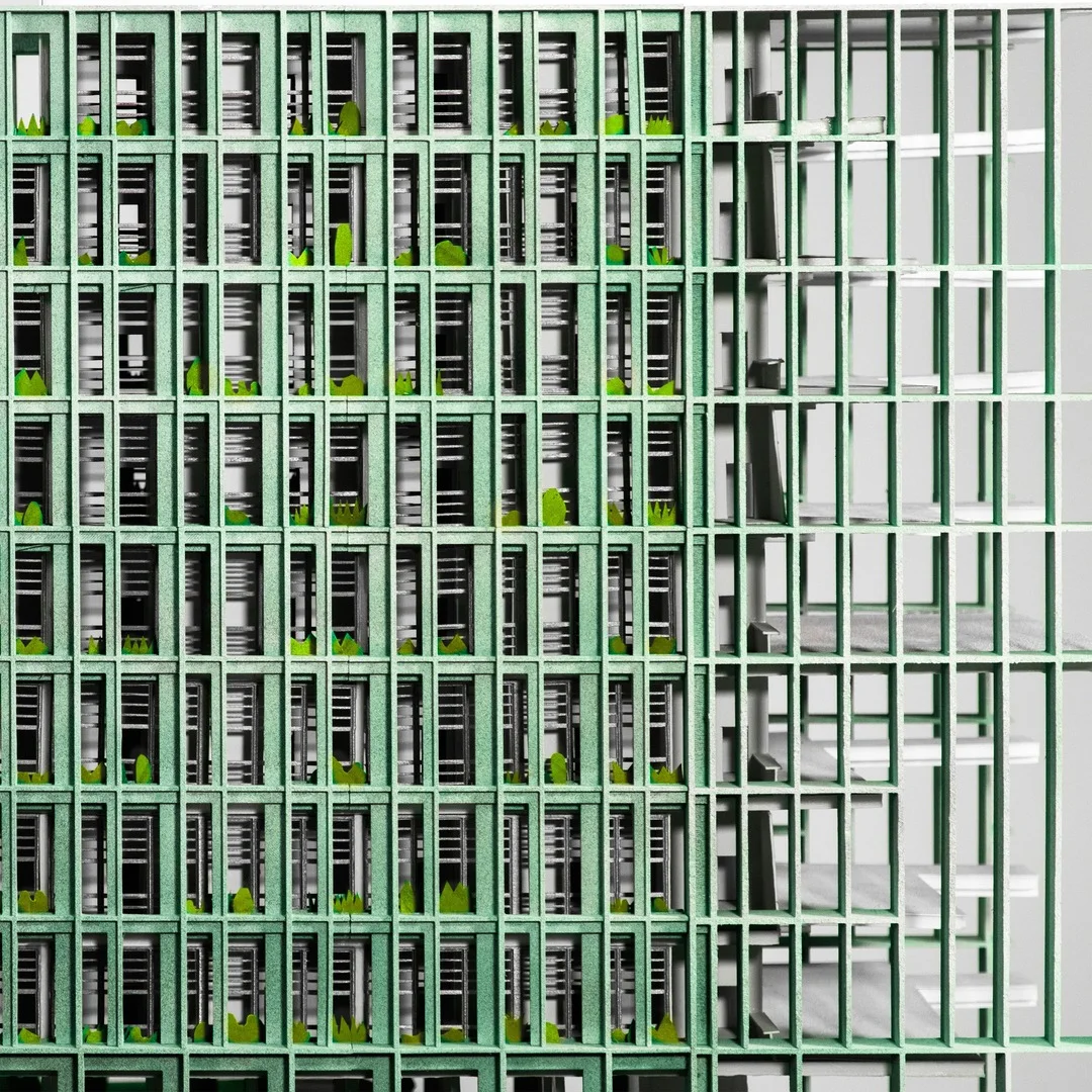 Close up render of a green vertical screen facade with a repeating planted balcony grid