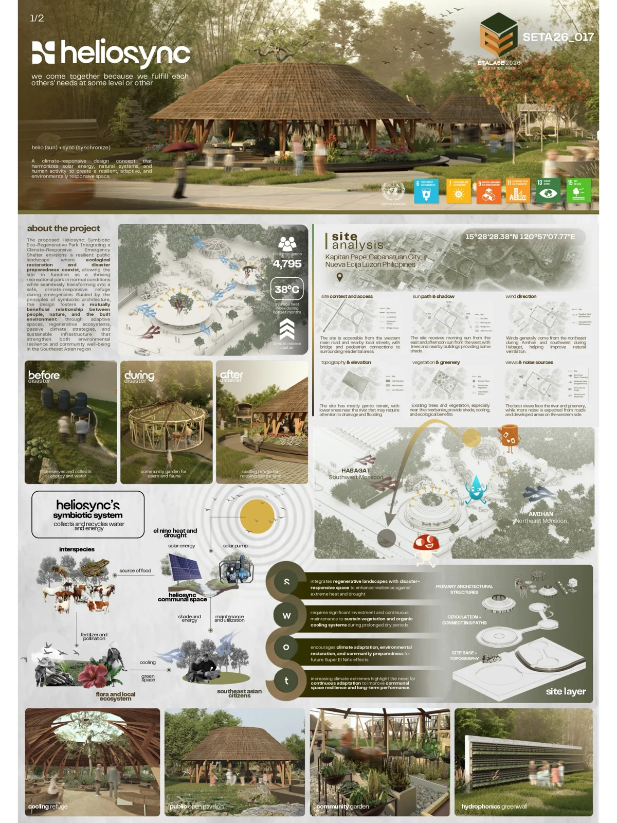 Dense competition board for Heliosync combining renders, icons, diagrams and photo collage, from a top five finalist
