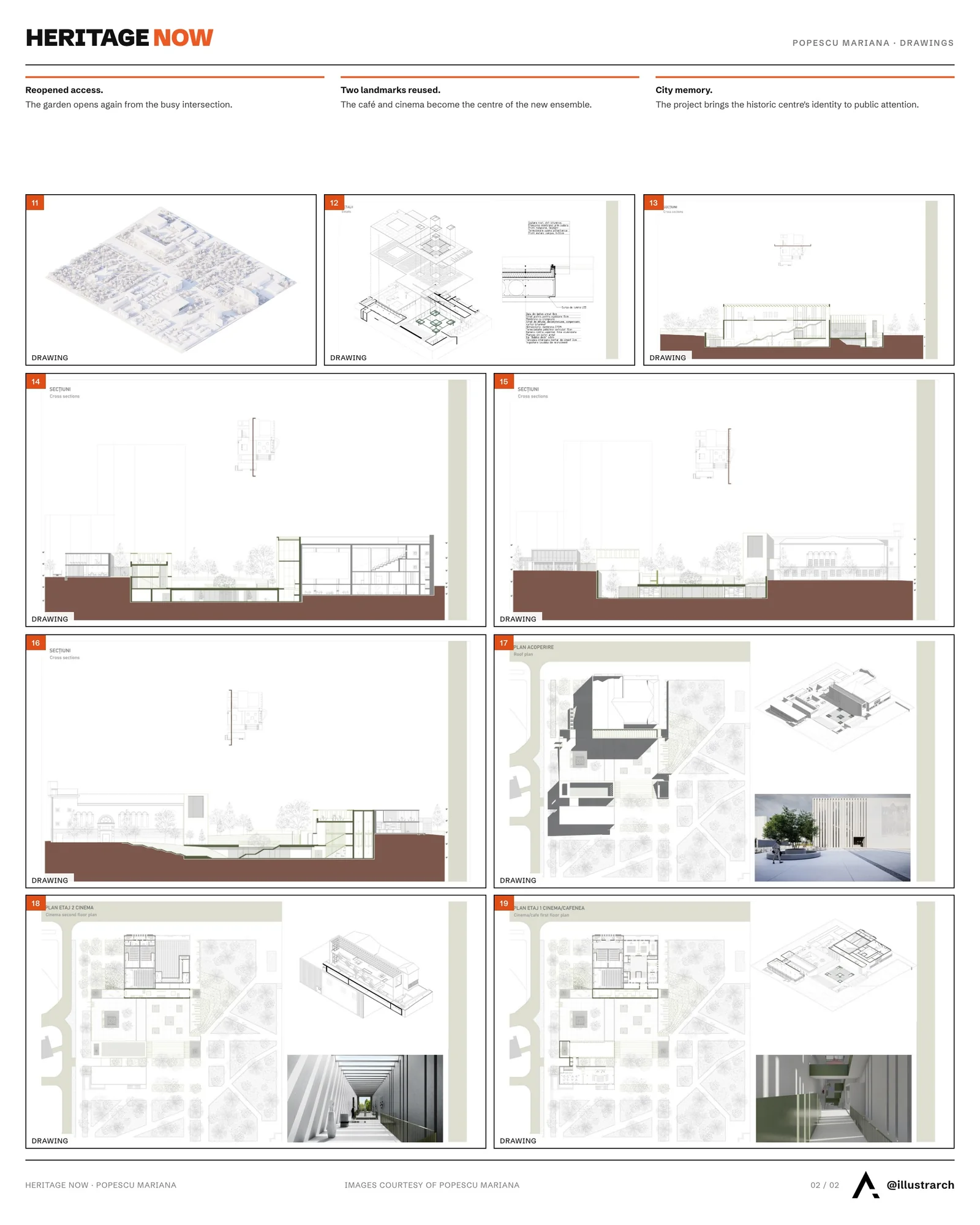 Second presentation board sheet for Heritage Now - Cultural Center in the Public Garden, laying out the project drawings and images on one page