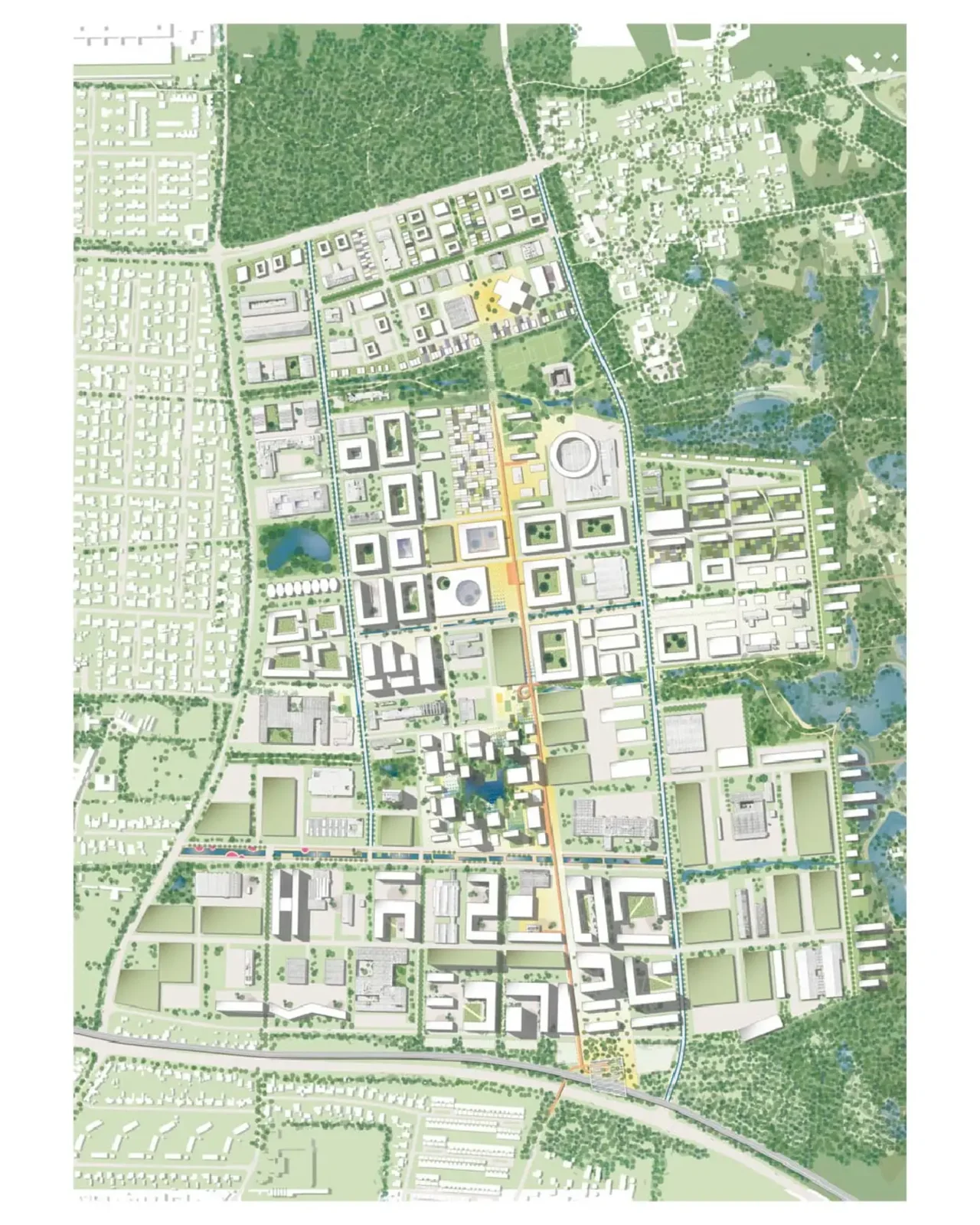 Colored aerial site plan of an industrial park masterplan with green landscaped zones and a road network