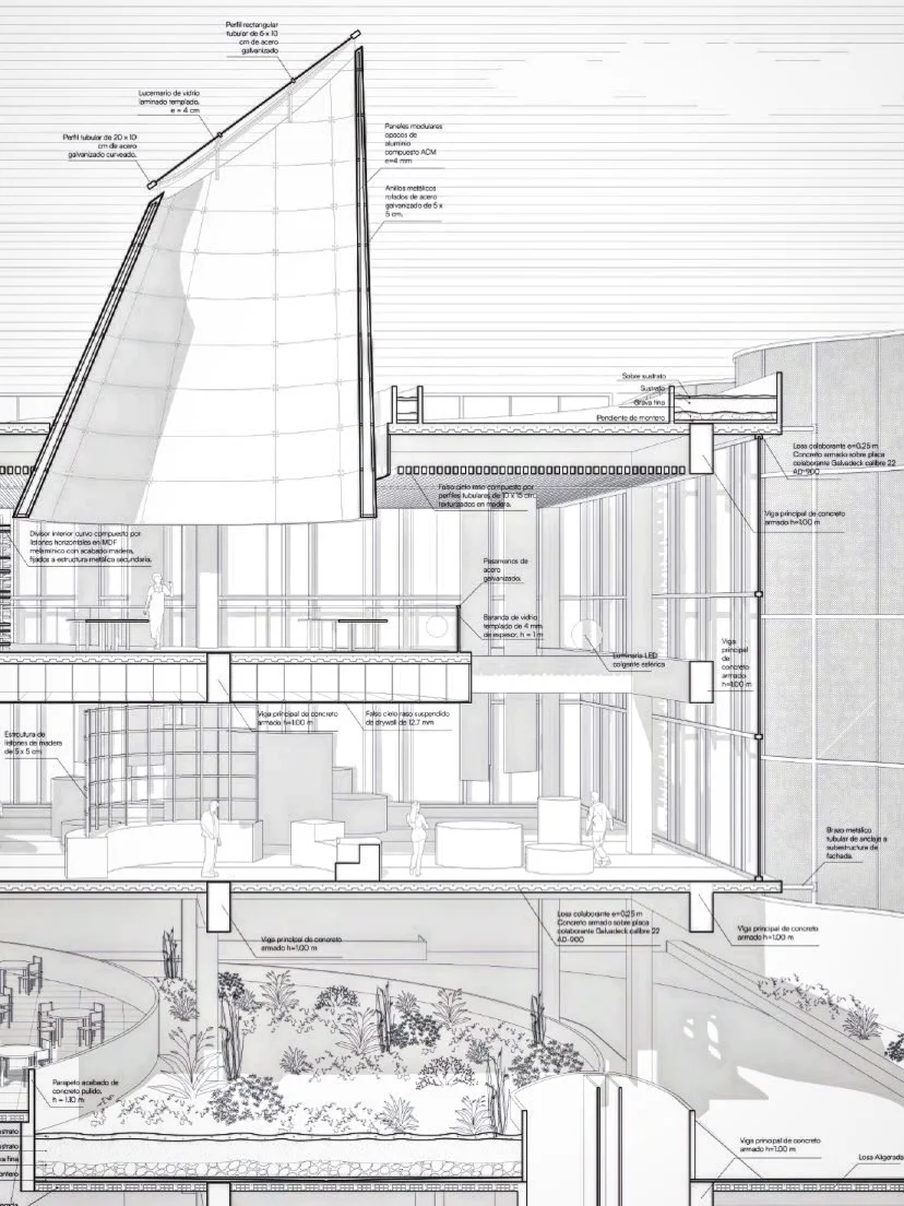 Line section drawing of an angled roof structure with interior levels and structural grid, with clear line hierarchy