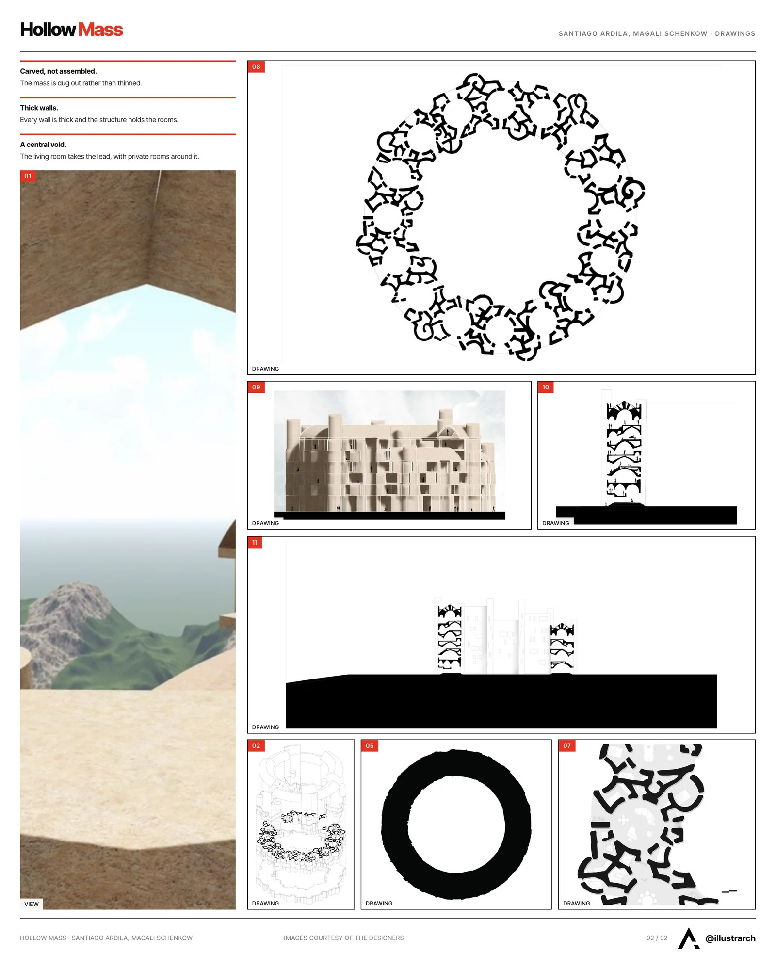 Second presentation board sheet for Hollow Mass, laying out the project drawings and images on one page