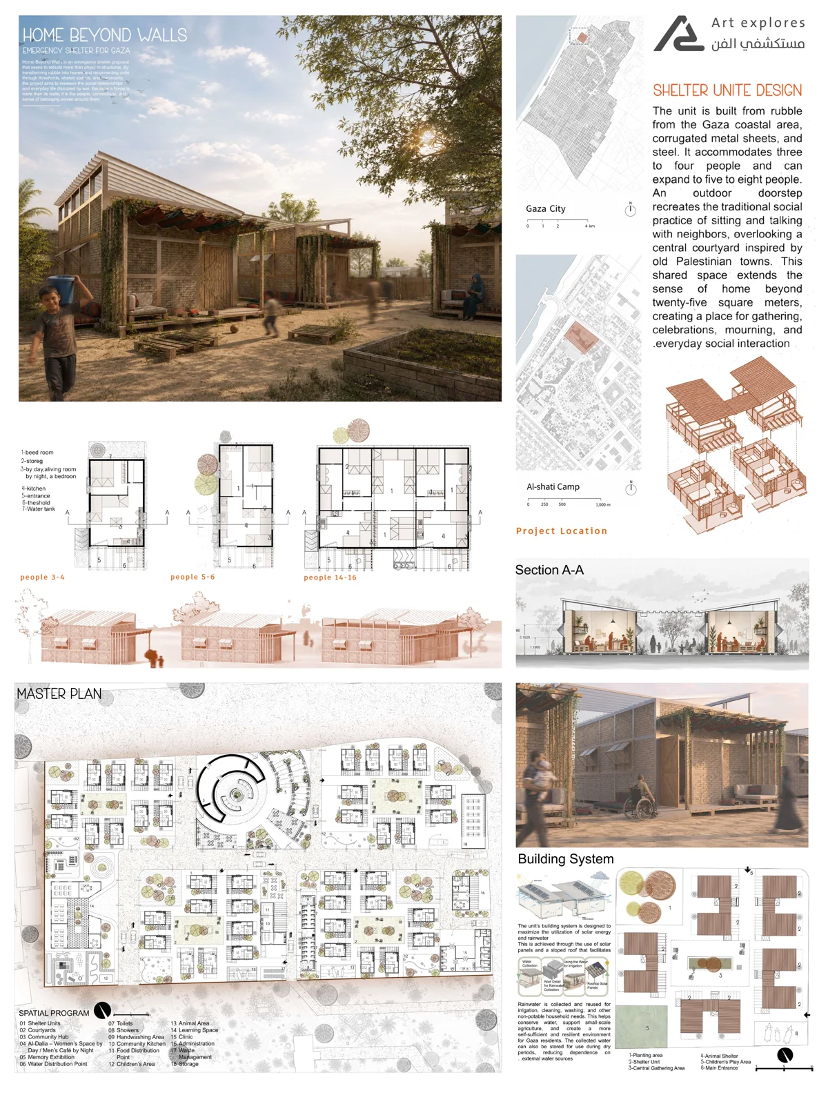 Board for an emergency shelter with renders of a modular timber pavilion, plans and a building system diagram