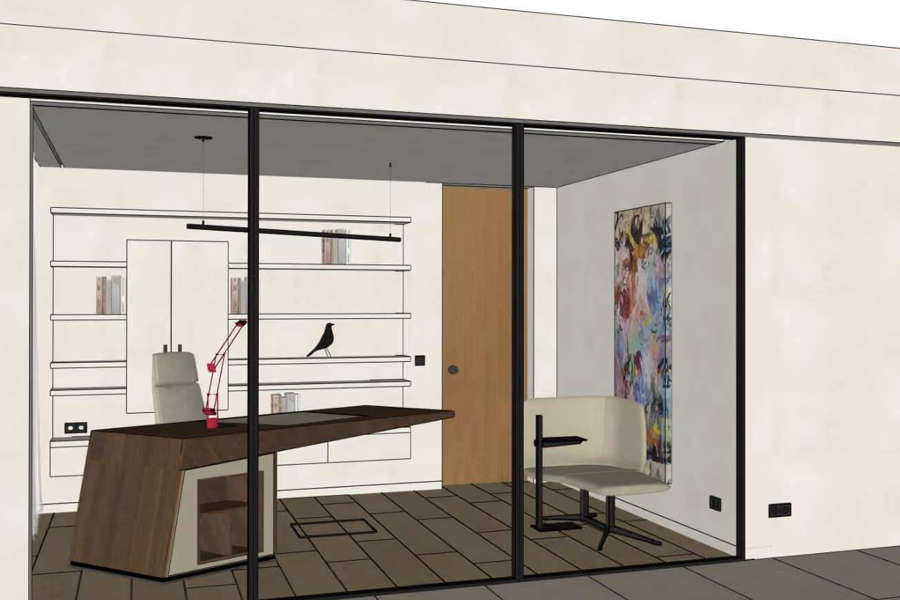 SketchUp view of a home office seen through a three-panel glass wall: white shelving with books, a walnut desk with a red lamp, a lounge chair and a tall abstract painting, drawn in flat colours with black edge lines