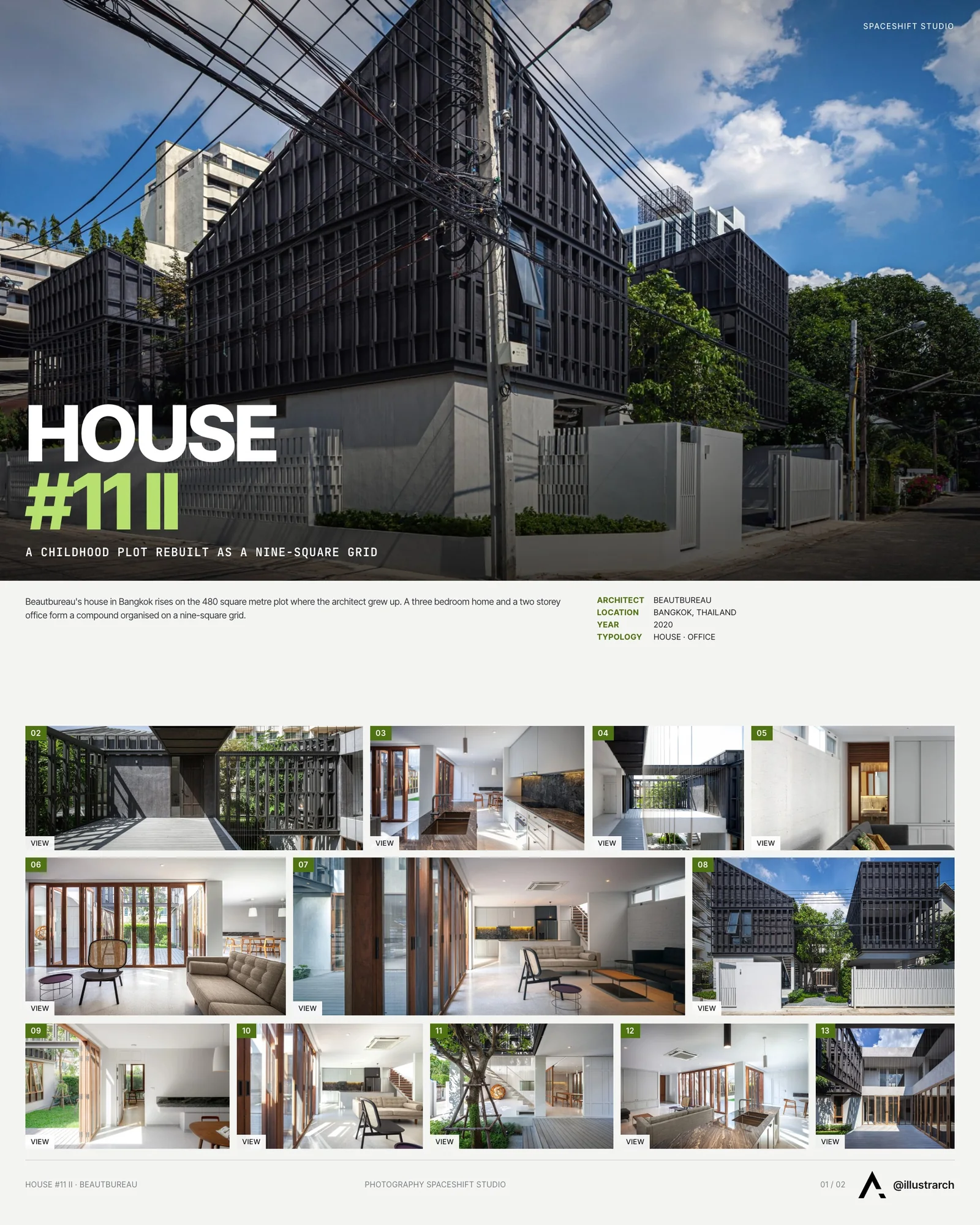 Presentation board cover for House #11 II: A Reconstructed Memory, with the lead image, project summary and a grid of photographs and drawings