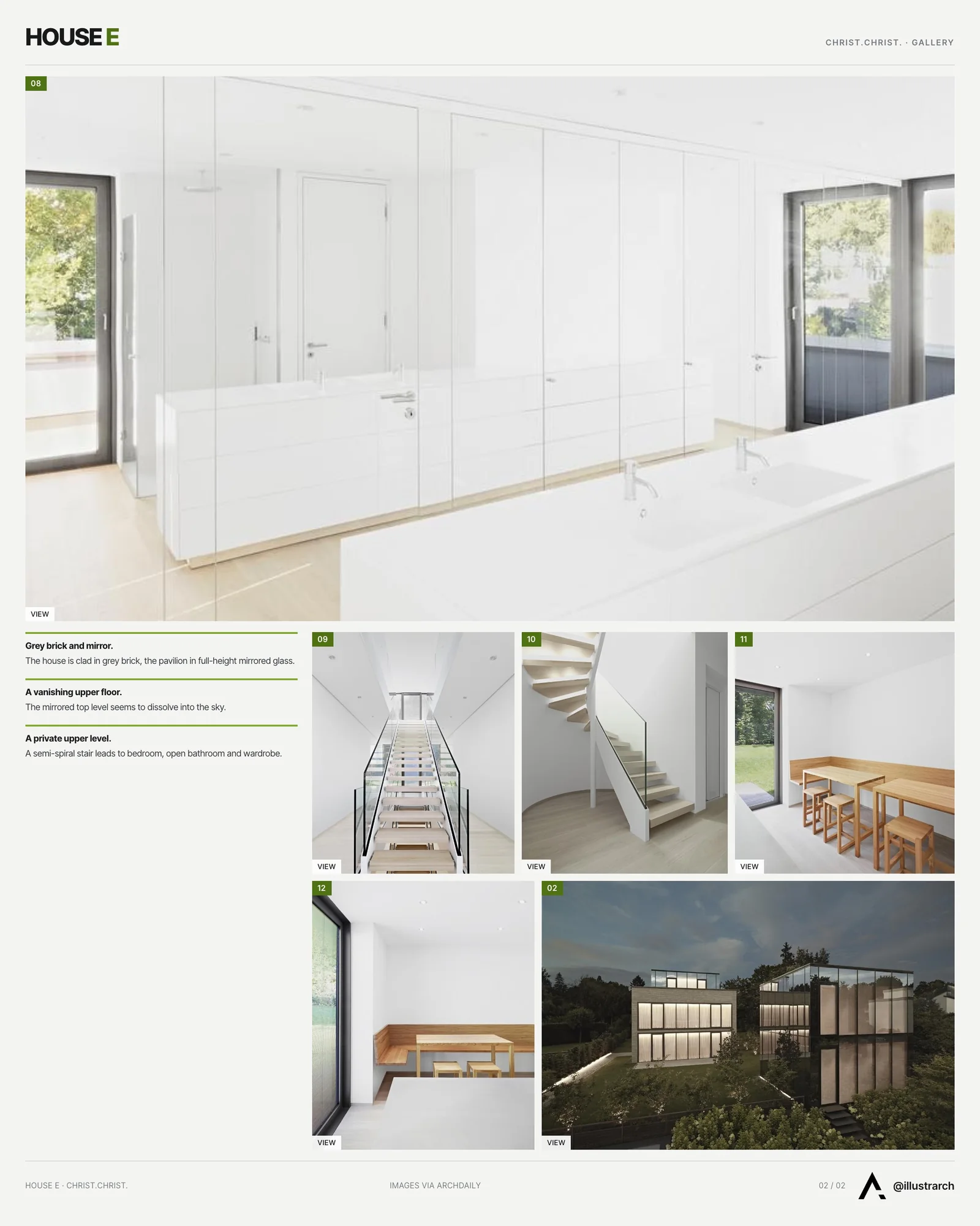 Second presentation board sheet for House E: Where Mirrors Meet Modern Elegance, laying out the project drawings and images on one page