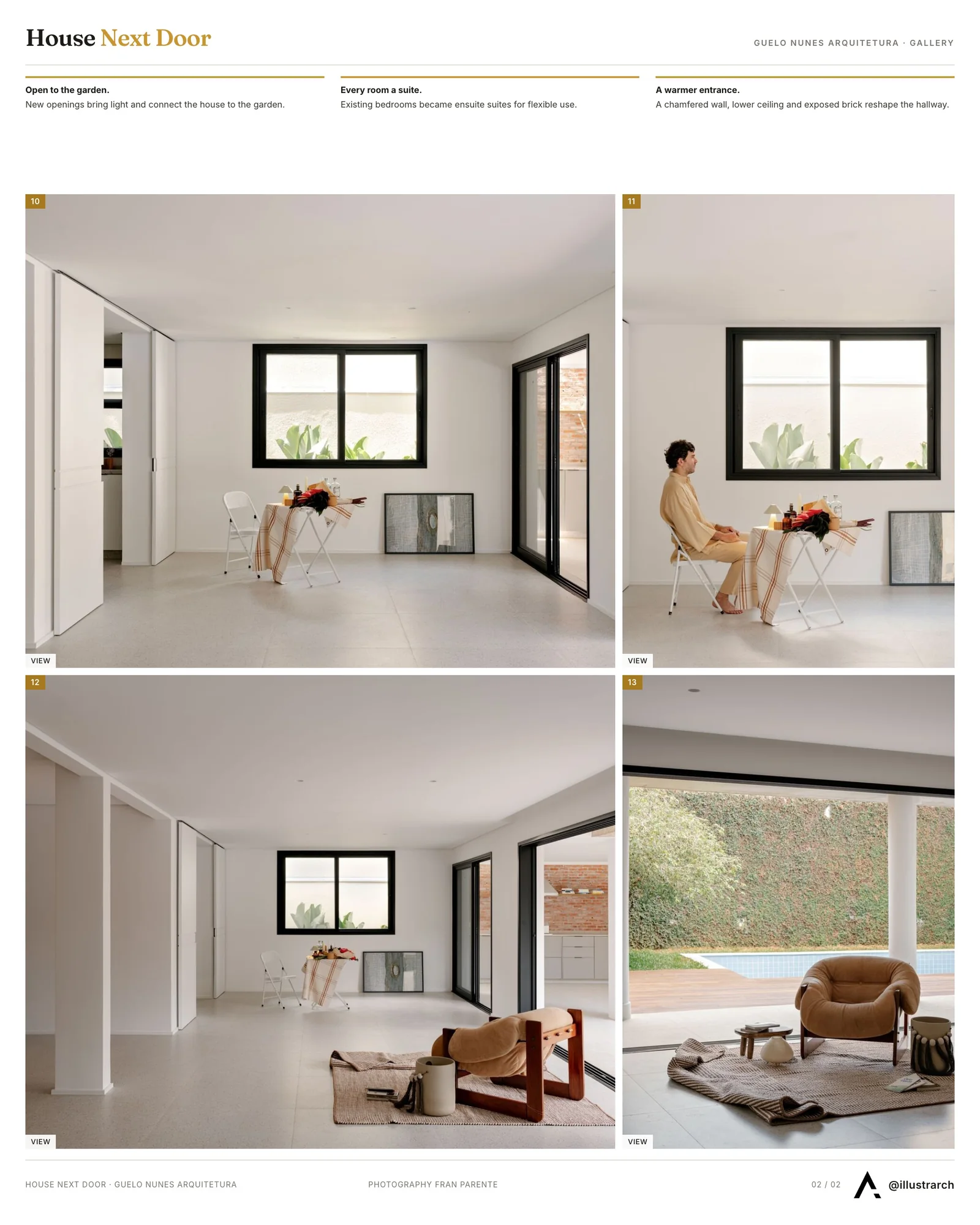 Second presentation board sheet for House Next Door by Guelo Nunes Arquitetura, laying out the project drawings and images on one page