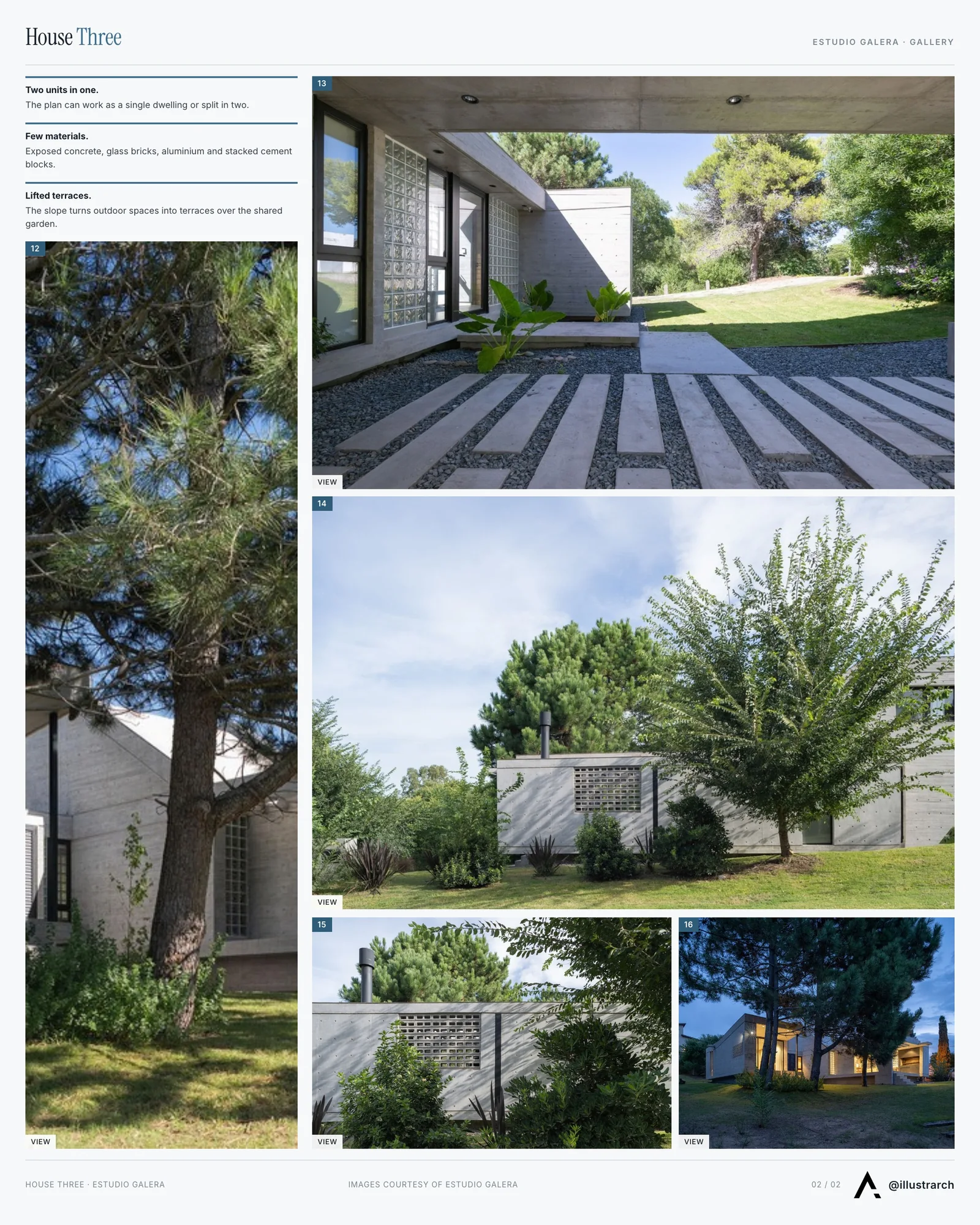 Second presentation board sheet for House Three, laying out the project drawings and images on one page