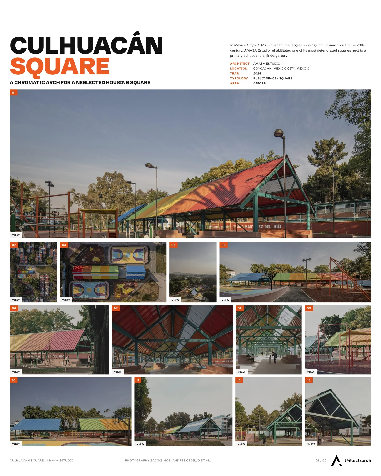Presentation board cover for Housing Unit Infonavit CTM Culhuacán Square by AMASA Estudio, Andrea López + Agustín Pereyra, with the lead image, project summary and a grid of photographs and drawings