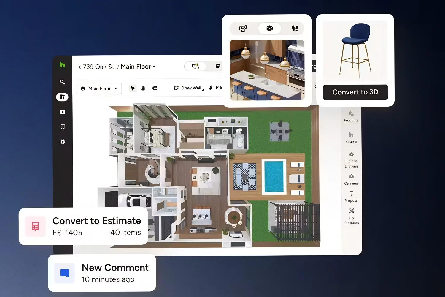 Houzz Pro 3D house floor plan with Convert to 3D and Convert to Estimate prompts