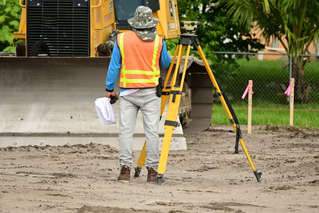 Surveyor with a tripod and plans setting out levels on a cleared construction site