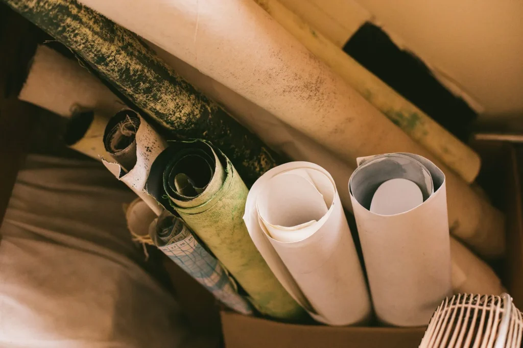 Assorted rolled drawings and tracing paper packed loosely into a cardboard box