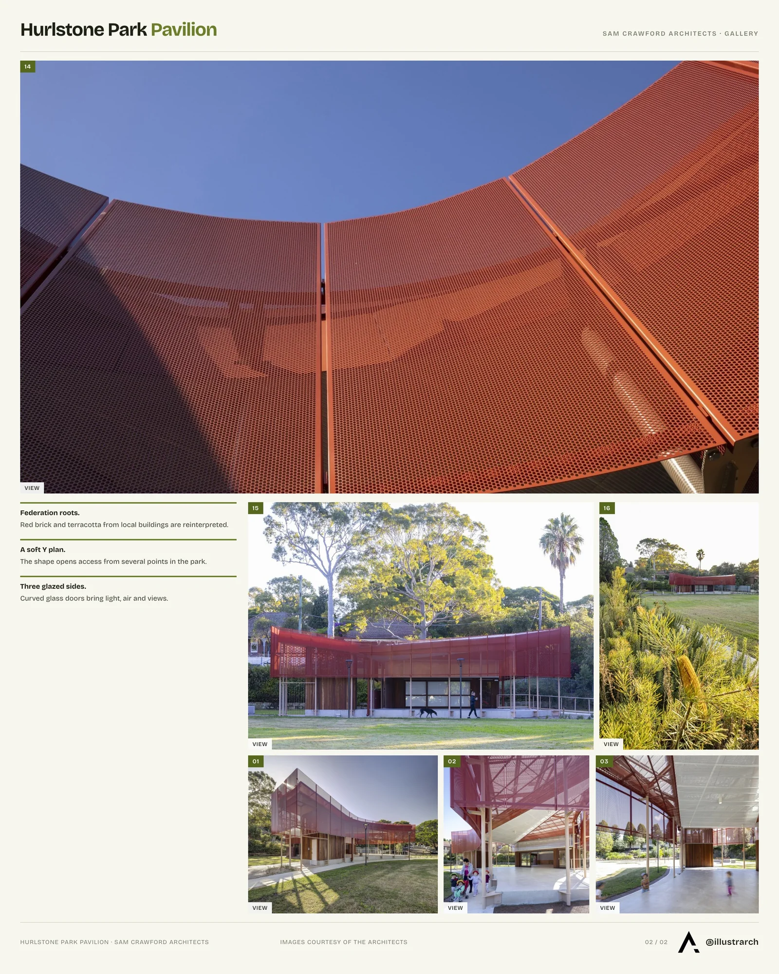 Second presentation board sheet for Revitalizing Community Connections: The Hurlstone Park Pavilion, laying out the project drawings and images on one page