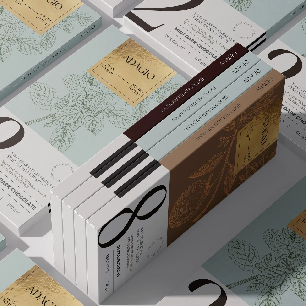Stacked chocolate boxes with botanical drawings, large printed numbers and black and white spines forming piano keys, Adagio by Seraphina Sol