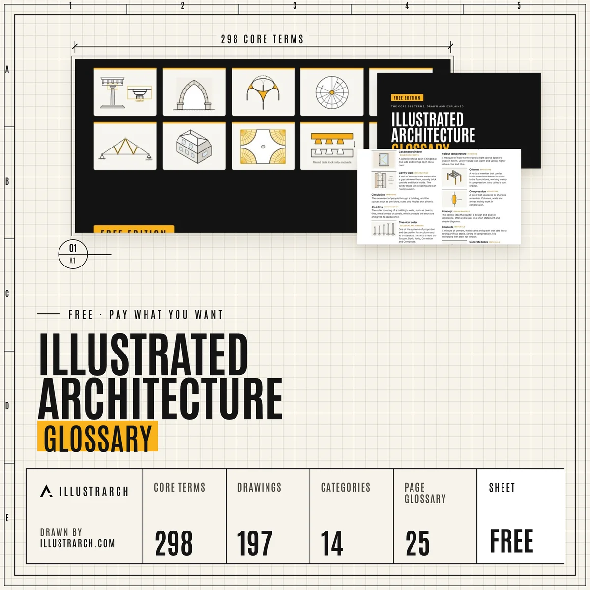 Illustrated Architecture Glossary 298 Core Terms, 197 Drawings, 14 Categories, Free cover