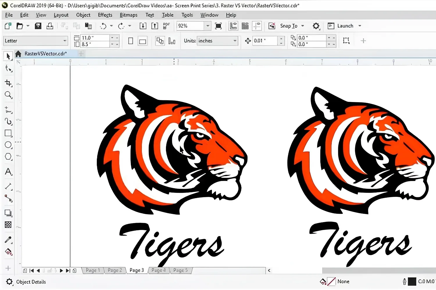 CorelDRAW desktop window comparing raster and vector versions of a tiger mascot logo