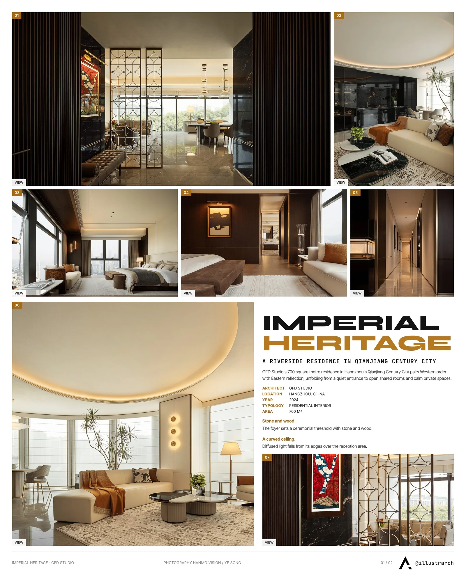 Presentation board cover for IMPERIAL HERITAGE in Hangzhou by GFD Studio, with the lead image, project summary and a grid of photographs and drawings