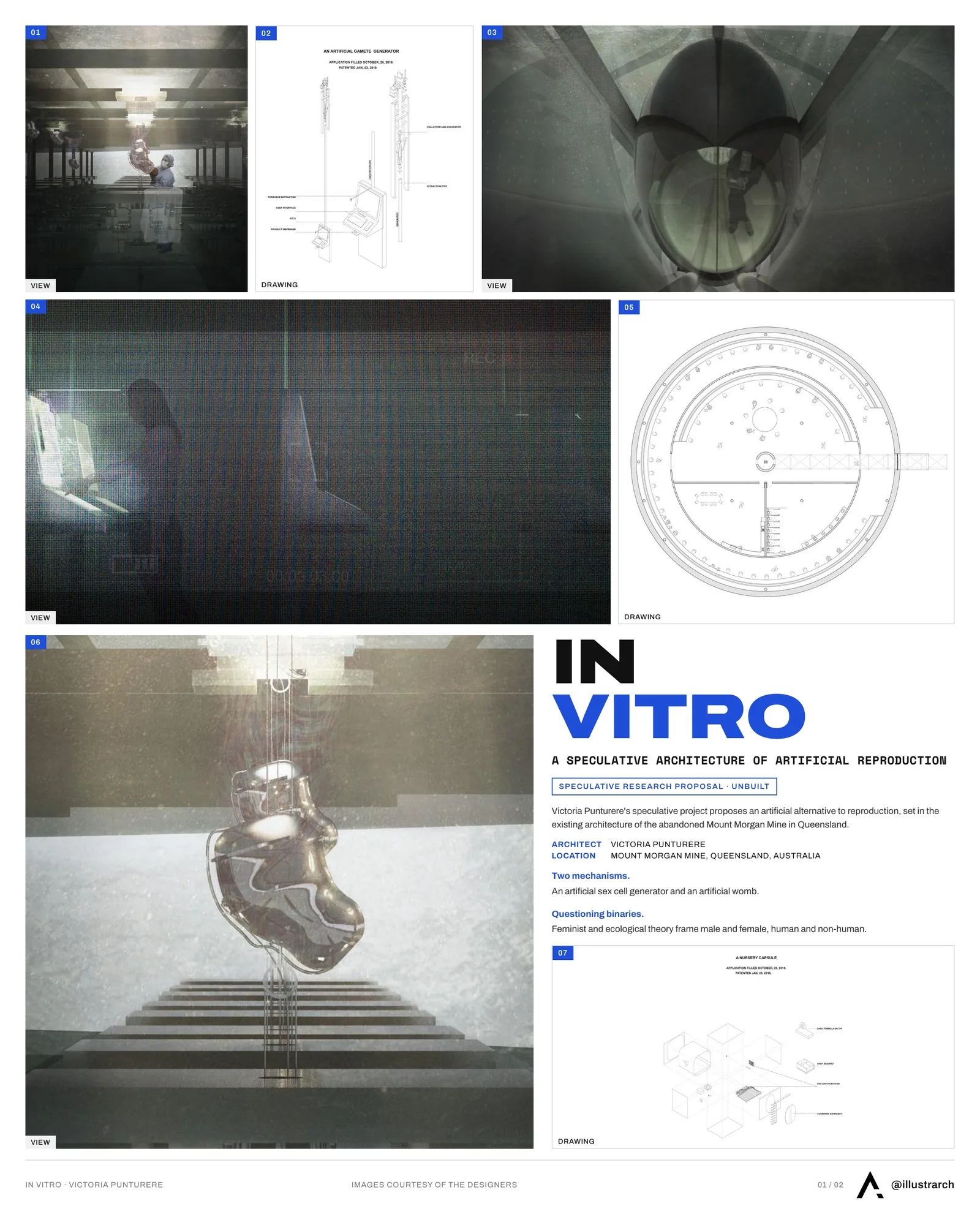 Presentation board cover for In Vitro, with the lead image, project summary and a grid of photographs and drawings