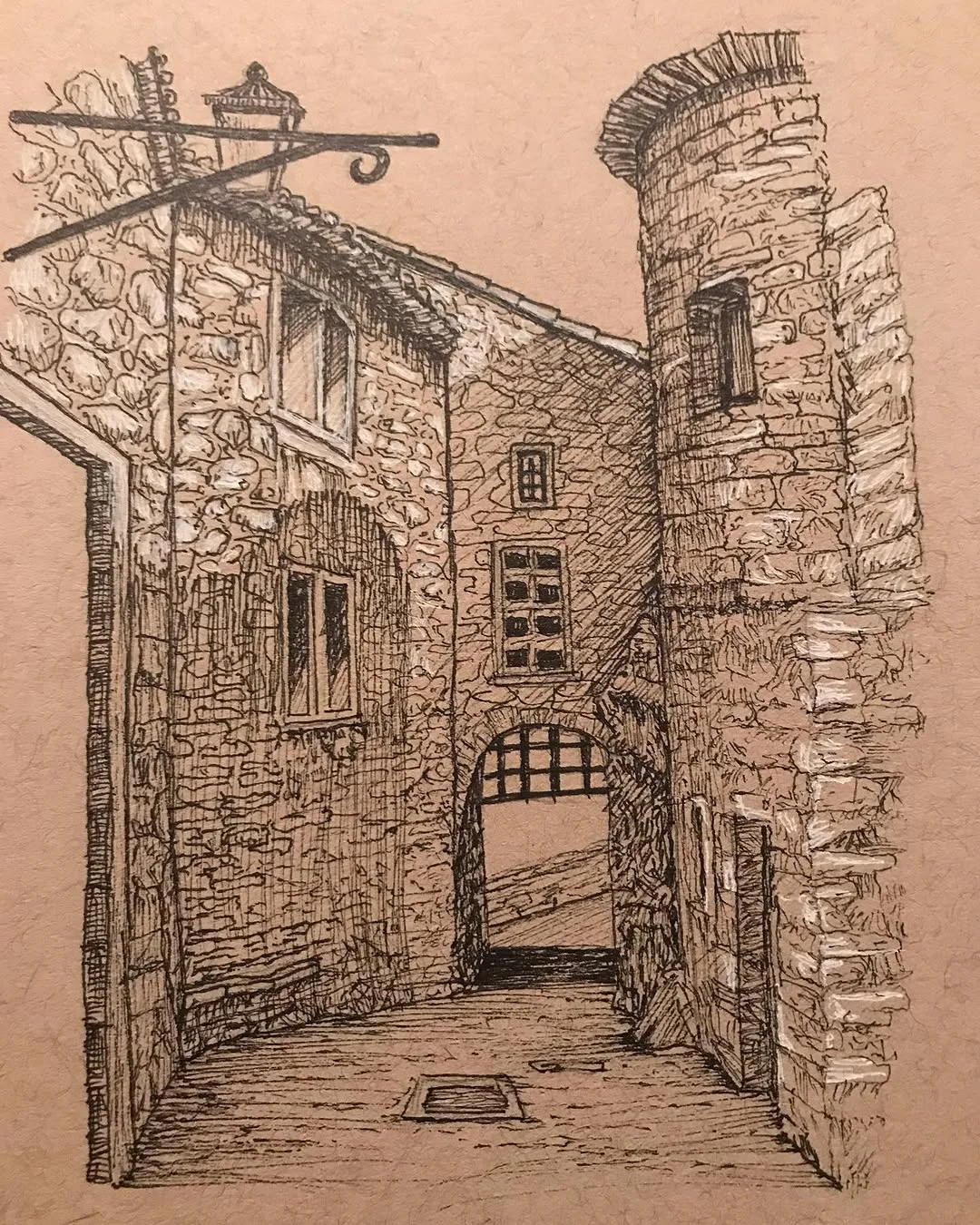 Pen and ink sketch of a narrow stone alley with an arched doorway, rendering texture and shadow