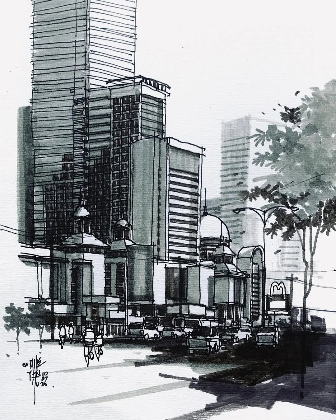 Ink and watercolor perspective of high rise towers and a street in an Indonesian city
