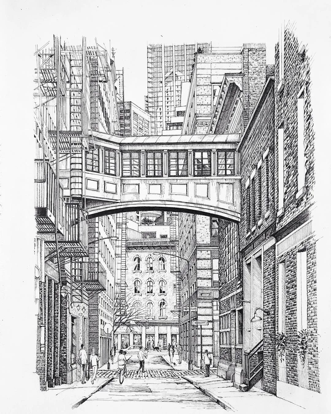 Detailed ink sketch of an urban street corner with a skybridge, fire escapes and pedestrians drawn in fine hatching