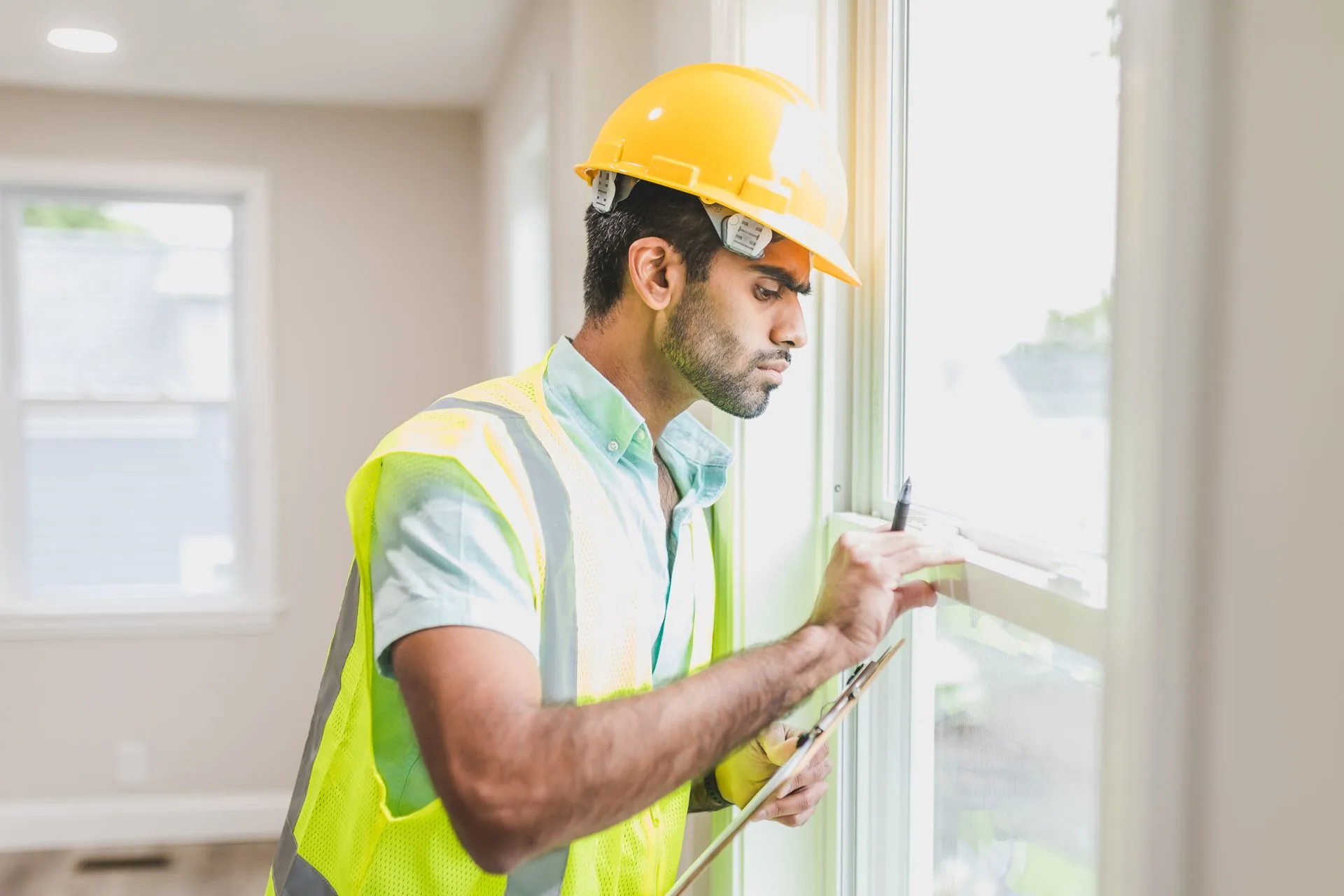 Inspector in a hard hat and safety vest checking a window frame with a clipboard during a handover inspection
