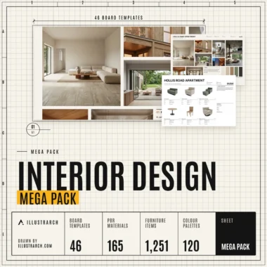 🛋️ Interior Design Mega Pack | 46 Board Templates, 165 PBR Materials, 1,251 Furniture Items, 120 Palettes, 57 Dimension Sheets