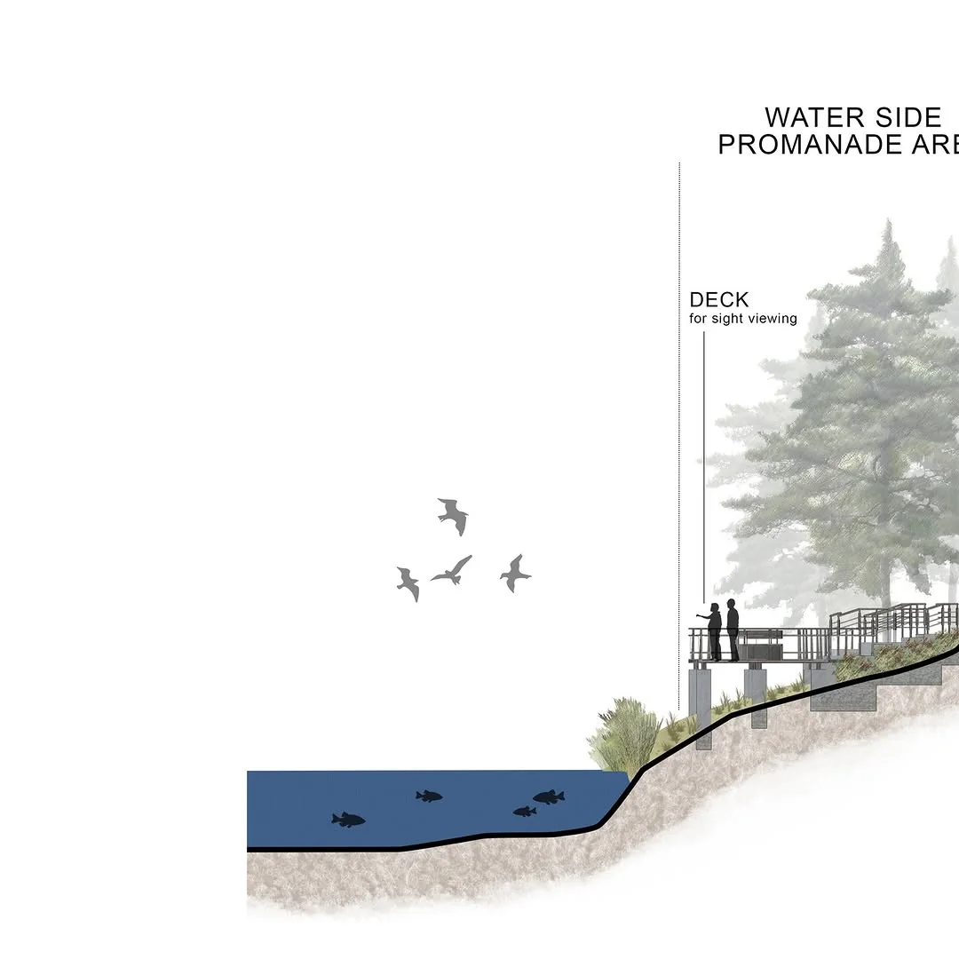 IPB University Graduate School landscape redesign, Bogor, Indonesia, water side promenade section with viewing deck