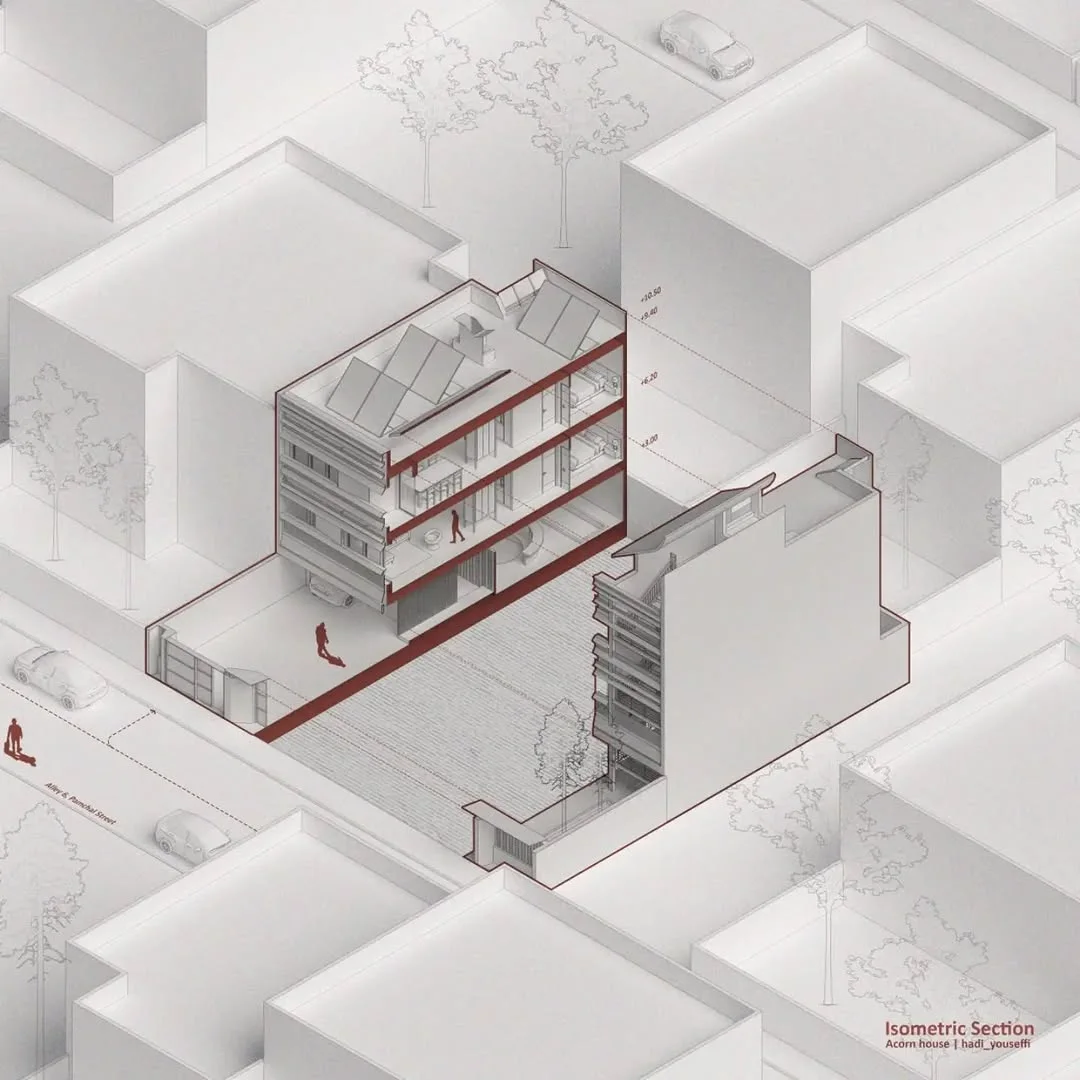 Isometric section through a narrow house with solar panels set on its roof