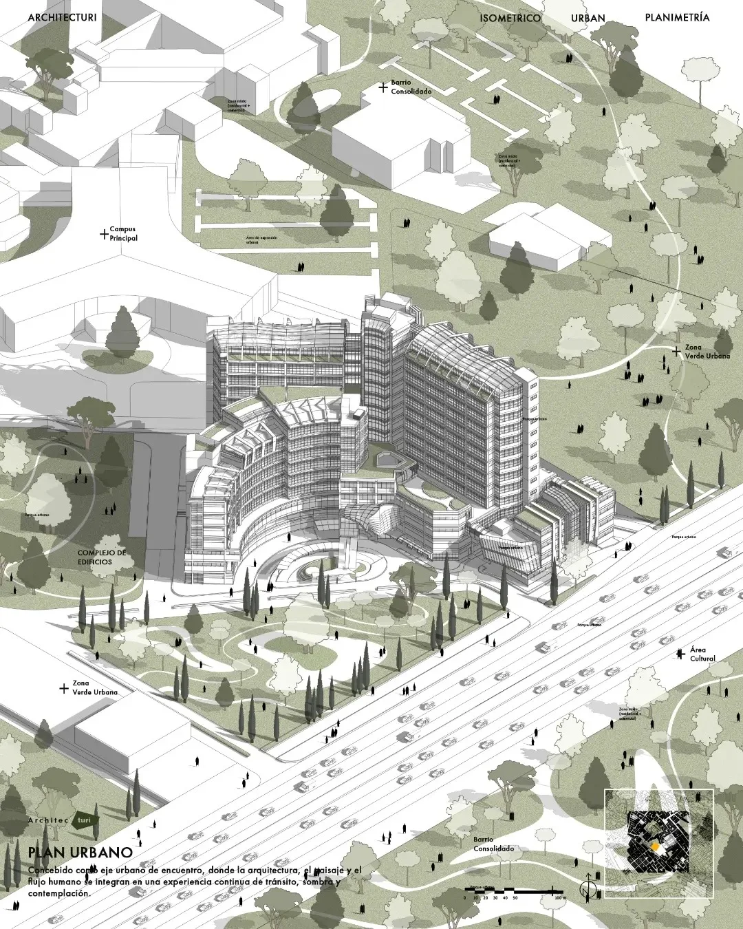 Isometric urban masterplan illustration of green landscaped building blocks labeled Plan Urbano