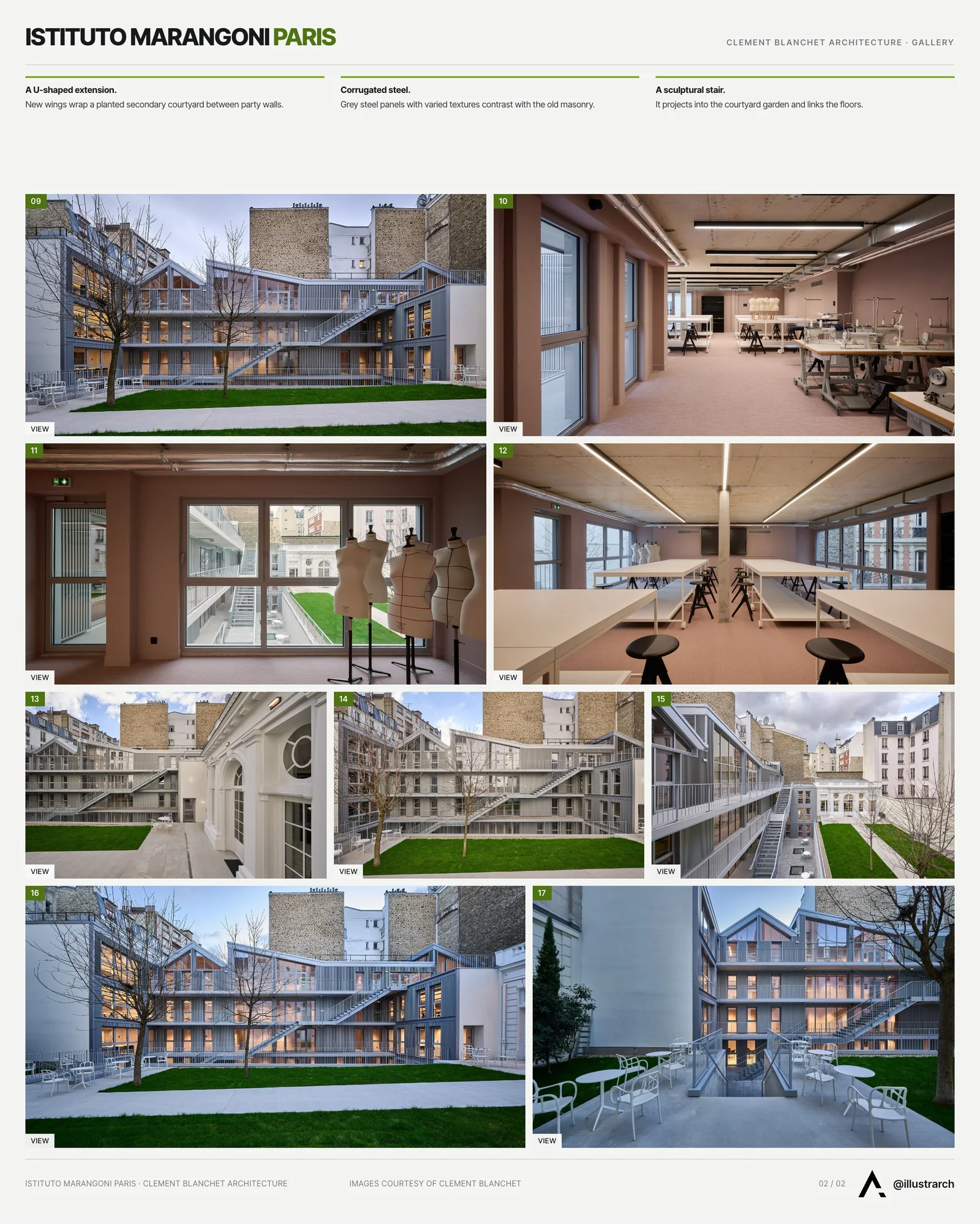 Second presentation board sheet for Istituto Marangoni Paris by Clement Blanchet Architecture, laying out the project drawings and images on one page