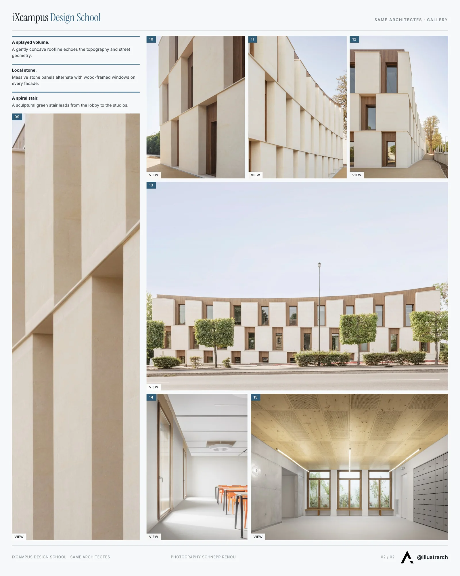 Second presentation board sheet for iXcampus Design School by Same Architectes: A Dialogue Between Innovation and Heritage, laying out the project drawings and images on one page
