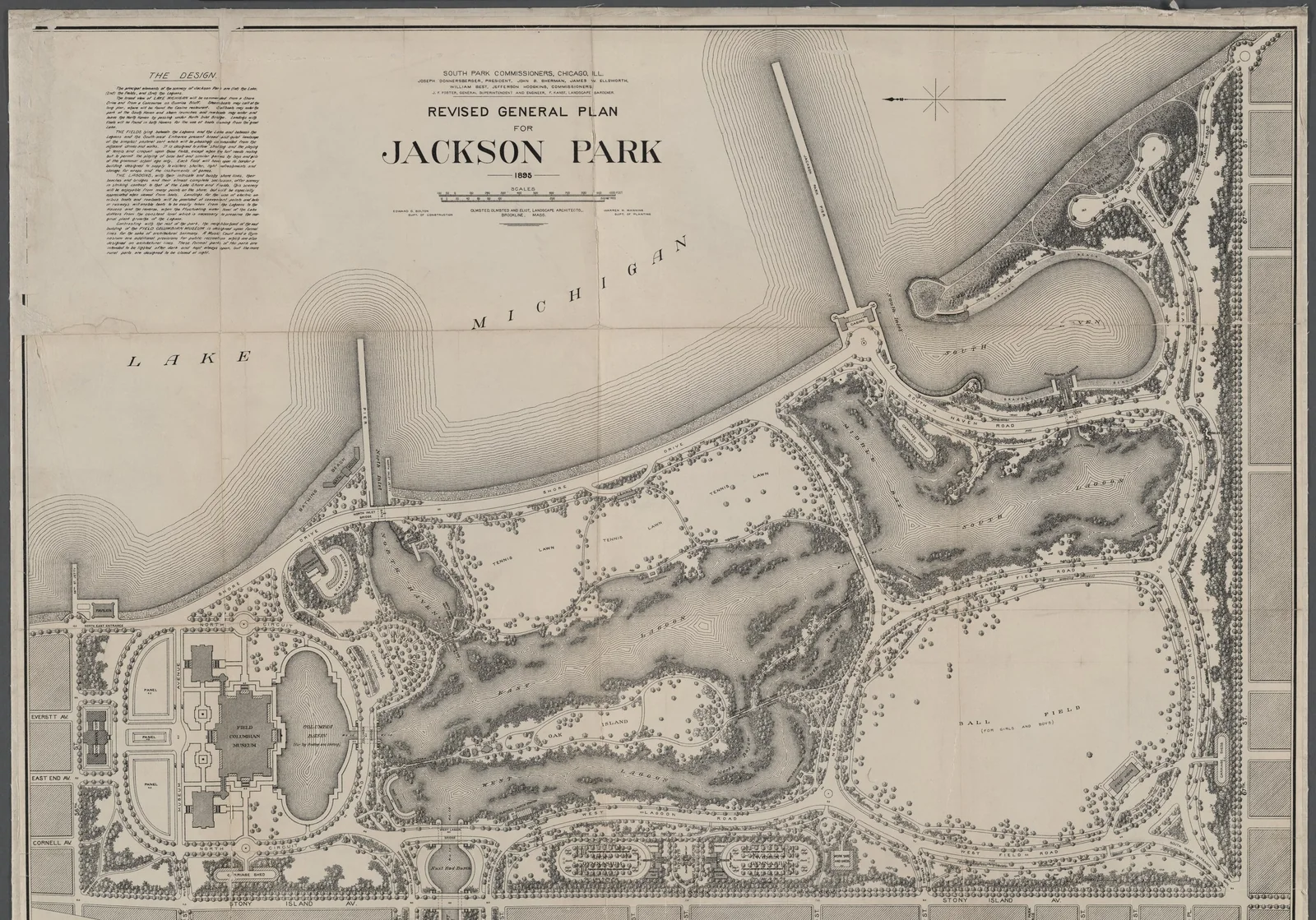 Jackson Park revised general plan (1895), Chicago, USA, by Olmsted, Olmsted and Eliot, with lagoons along Lake Michigan