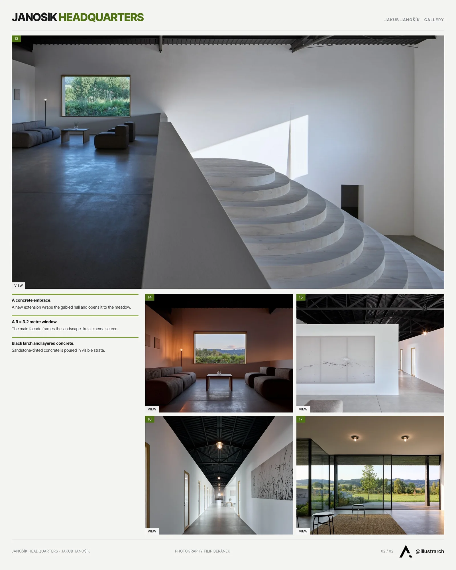Second presentation board sheet for Janošík Headquarters and Showroom by Jakub Janošík, laying out the project drawings and images on one page