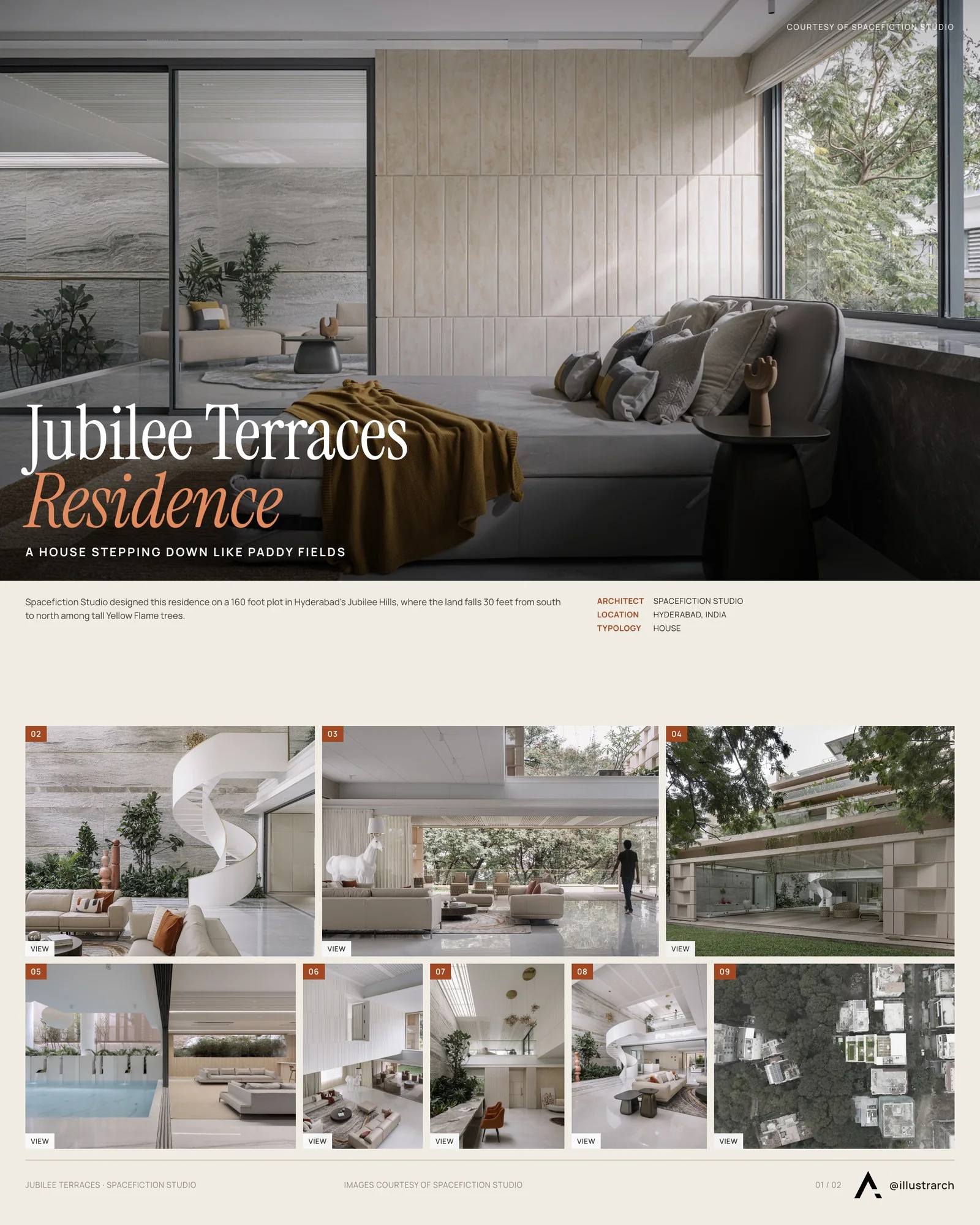 Presentation board cover for Architectural Elegance Amidst Natural Splendor: The Jewel of Jubilee Hills, with the lead image, project summary and a grid of photographs and drawings