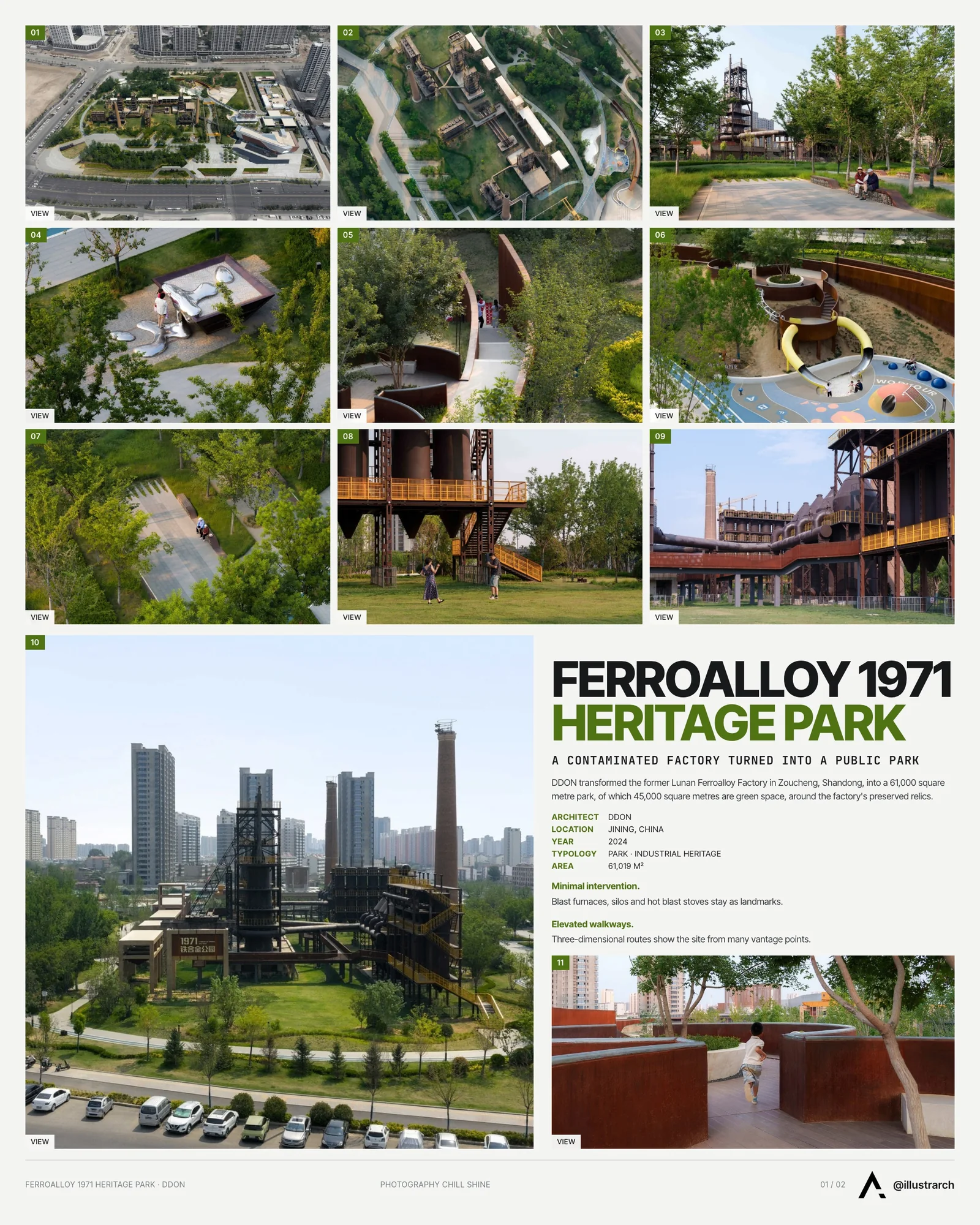 Presentation board cover for Jining Zoucheng Ferroalloy 1971 Industrial Heritage Park (Phase I) by DDON, with the lead image, project summary and a grid of photographs and drawings