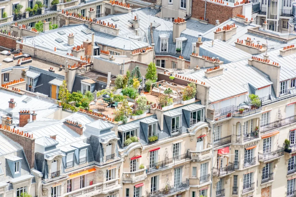 Jurf gardens on Paris rooftops, with planted terraces among zinc roofs and chimneys