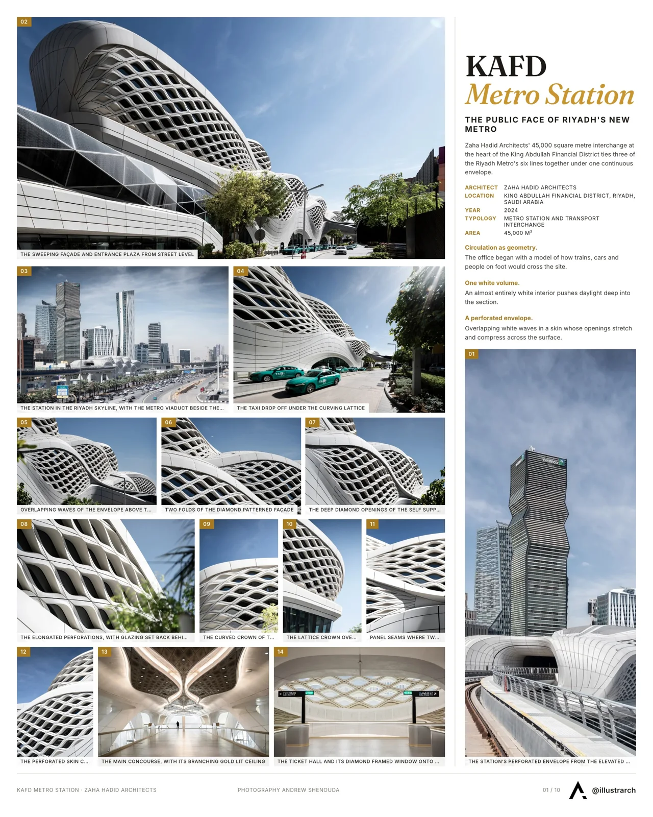 Presentation board cover for KAFD Metro Station showing a white lattice canopy exterior render, as a portfolio cover page