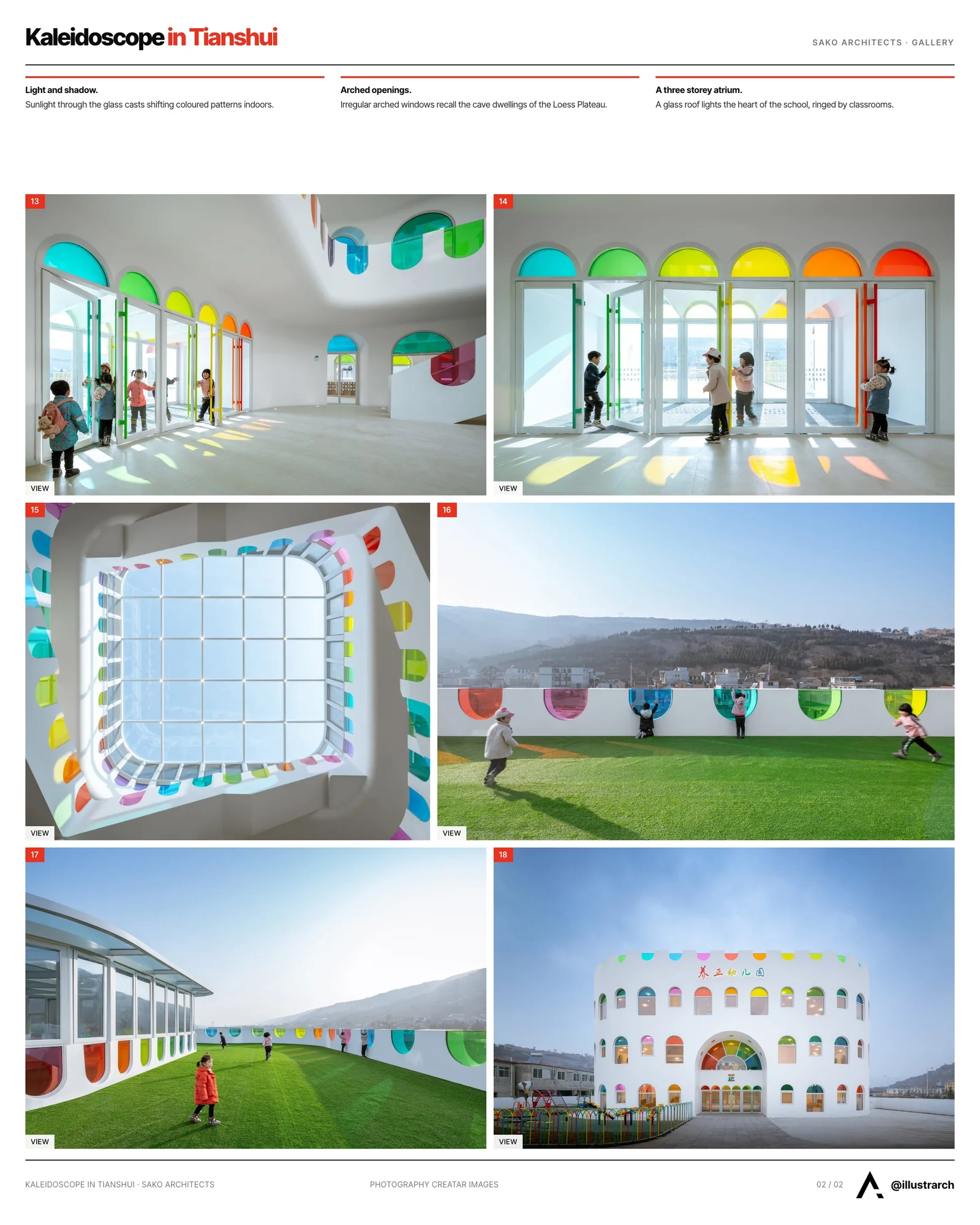 Second presentation board sheet for Kaleidoscope in Tianshui: A Colorful Kindergarten by SAKO Architects, laying out the project drawings and images on one page