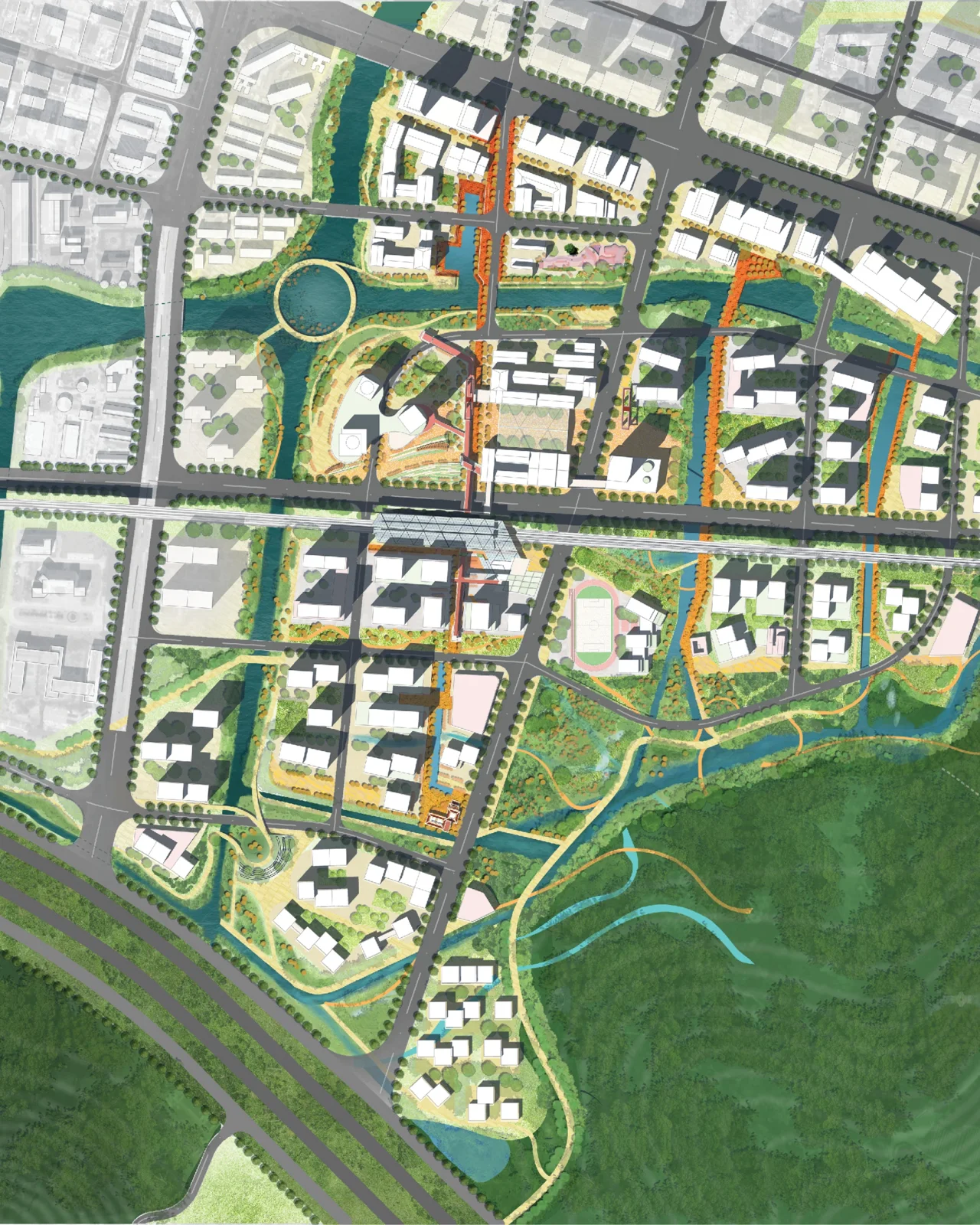 Colorful illustrated masterplan with an orange highlighted route through green blocks