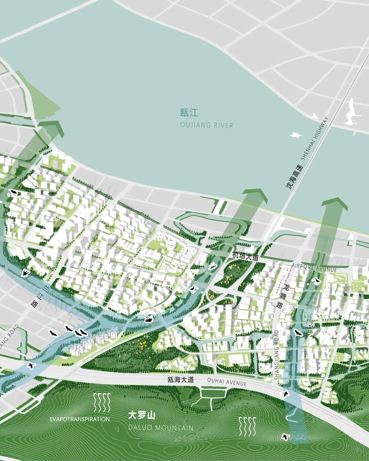 Colorful aerial land use plan with a lake, dense city blocks and a green park