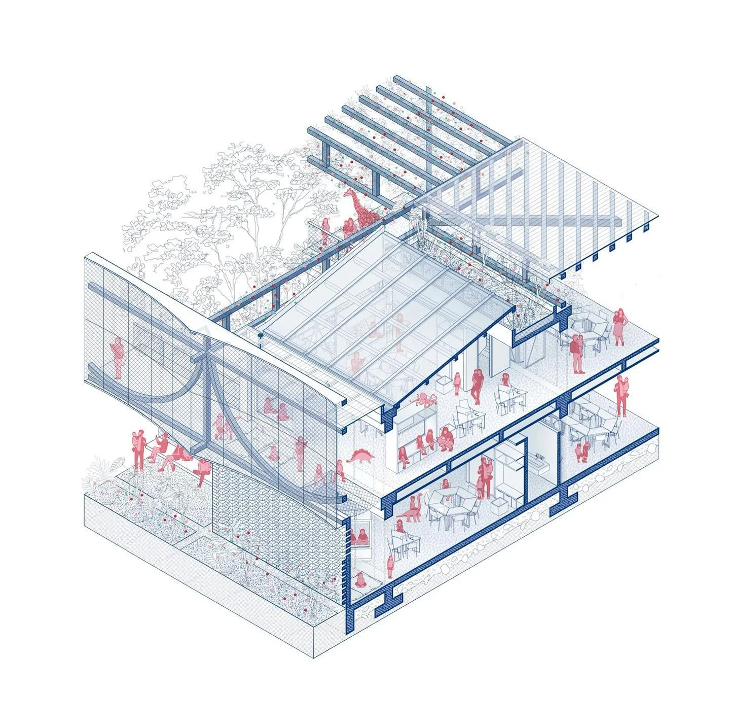 Axonometric drawing of an exposed steel structure building with a red roof and figures for scale