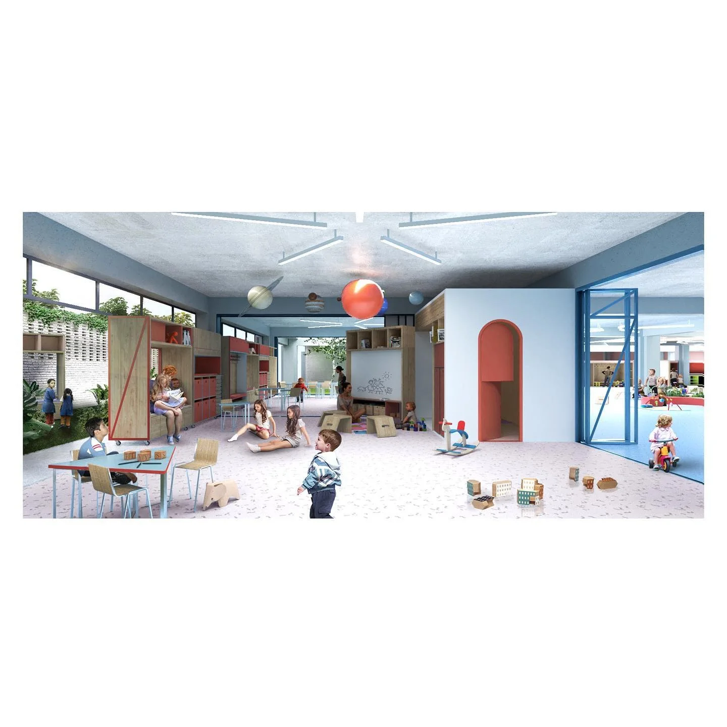 Photorealistic interior render of a colorful kindergarten classroom with an orange pendant lamp