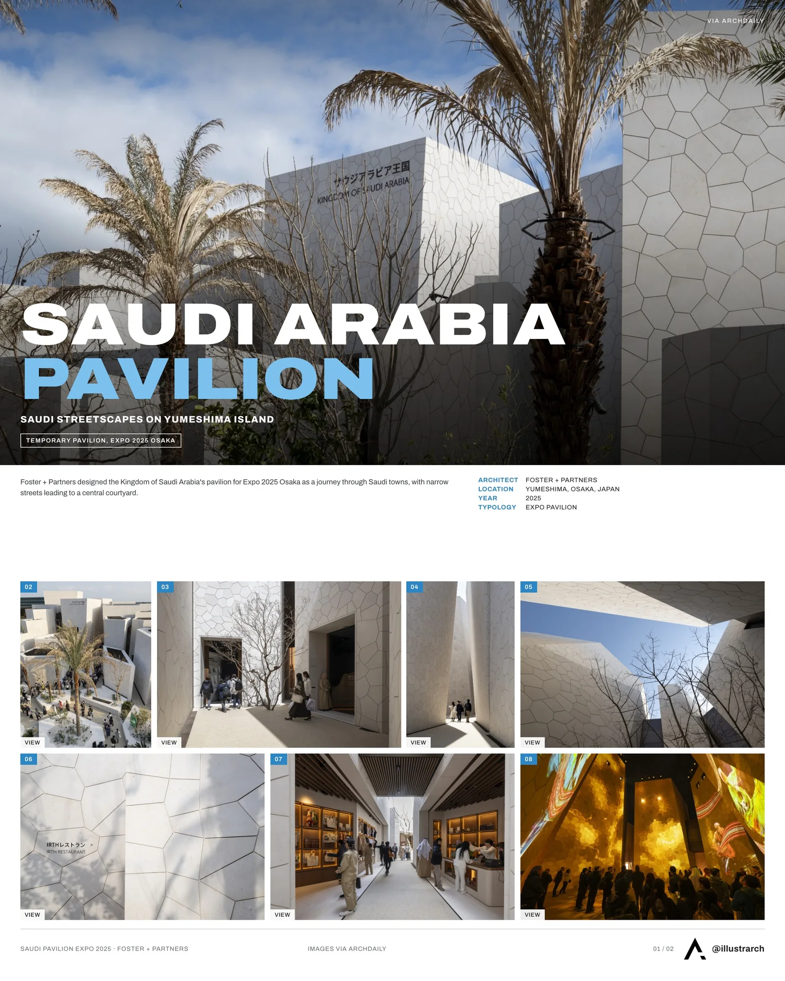 Presentation board cover for KSA Pavilion Expo 2025 Osaka by Foster + Partners, with the lead image, project summary and a grid of photographs and drawings