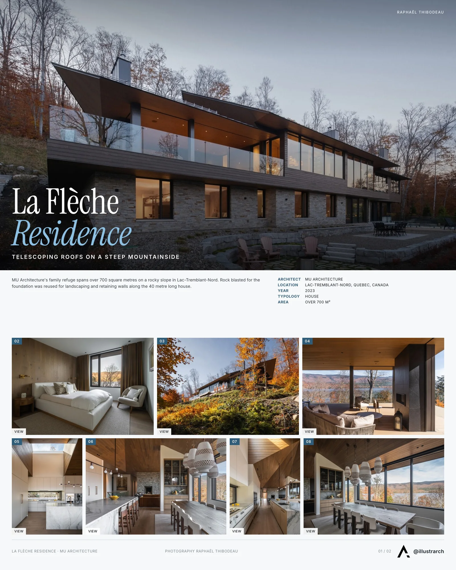 Presentation board cover for La Flèche Residence by MU Architecture, with the lead image, project summary and a grid of photographs and drawings