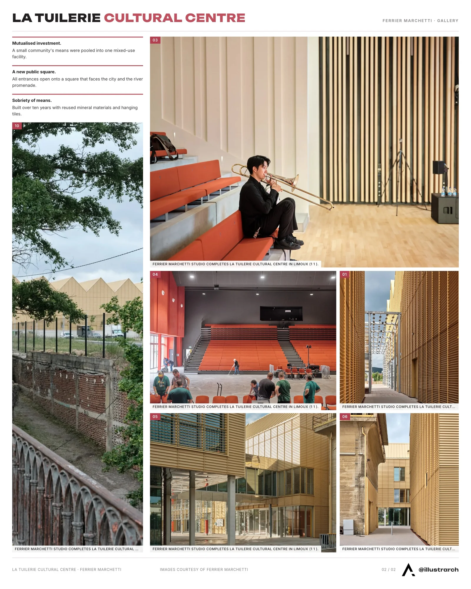 Second presentation board sheet for La Tuilerie Cultural Centre by Ferrier Marchetti Studio, laying out the project drawings and images on one page
