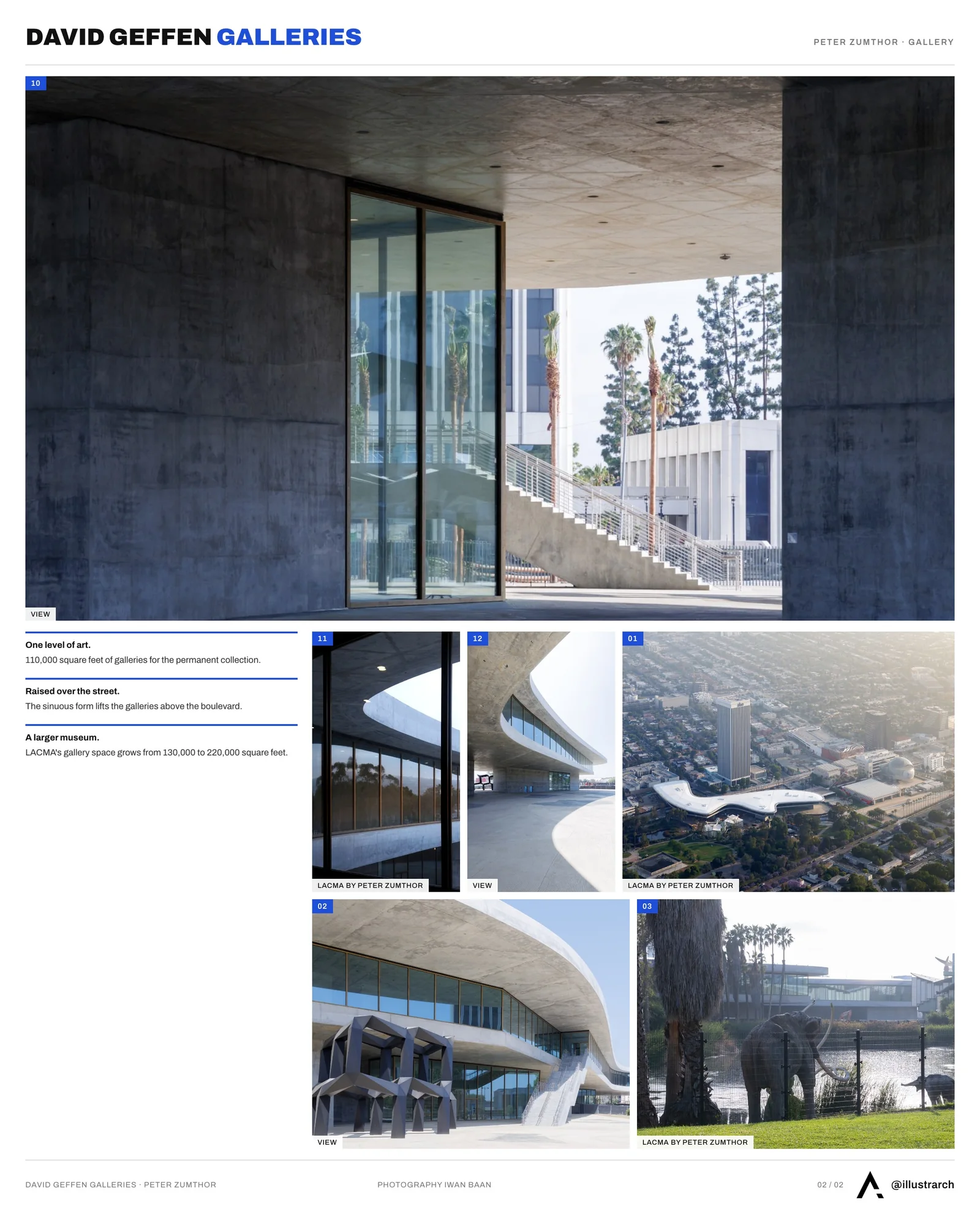 Second presentation board sheet for Peter Zumthor's LACMA: David Geffen Galleries Open April 2026, laying out the project drawings and images on one page