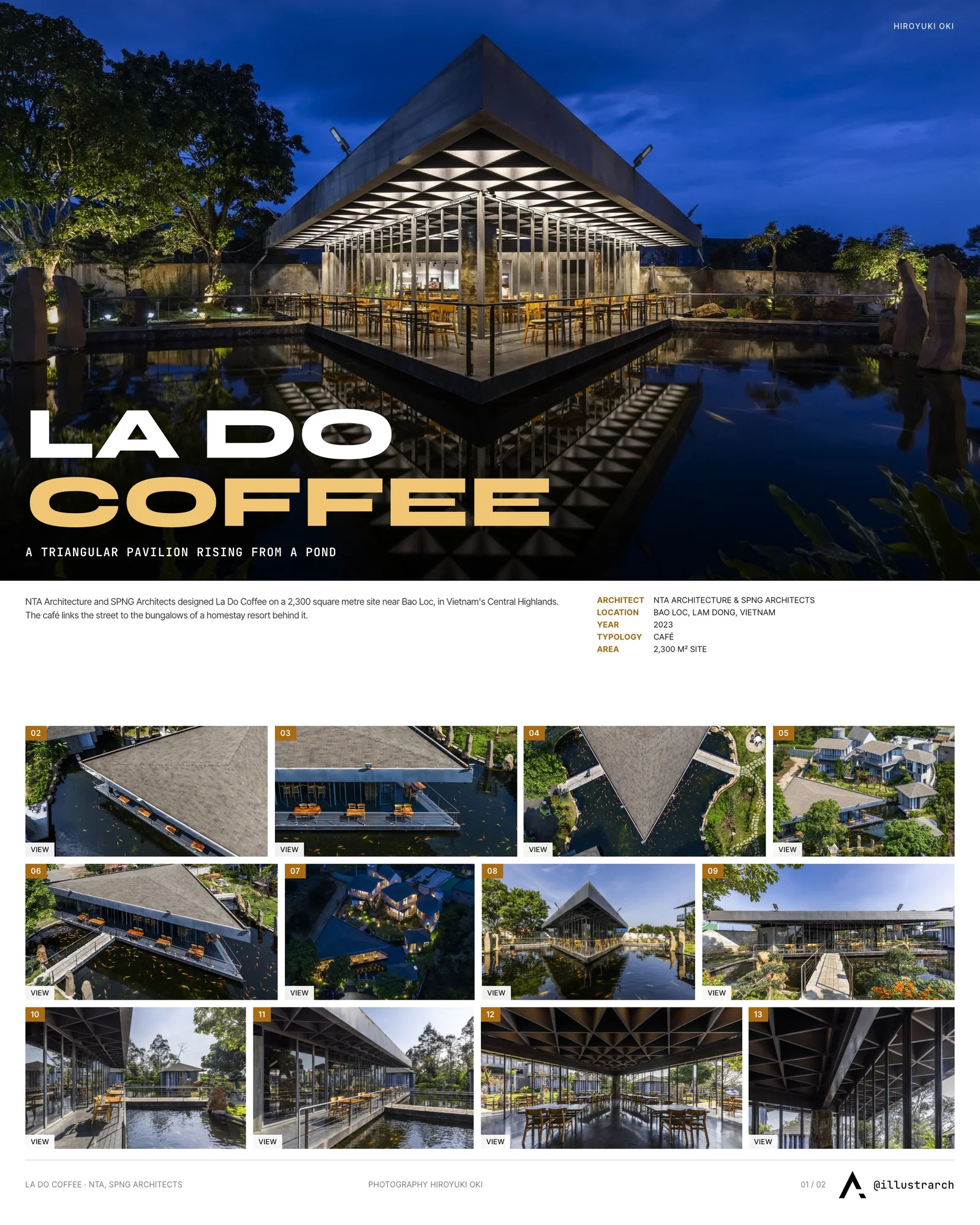 Presentation board cover for Lado Coffee by NTA Architecture & SPNG Architects, with the lead image, project summary and a grid of photographs and drawings