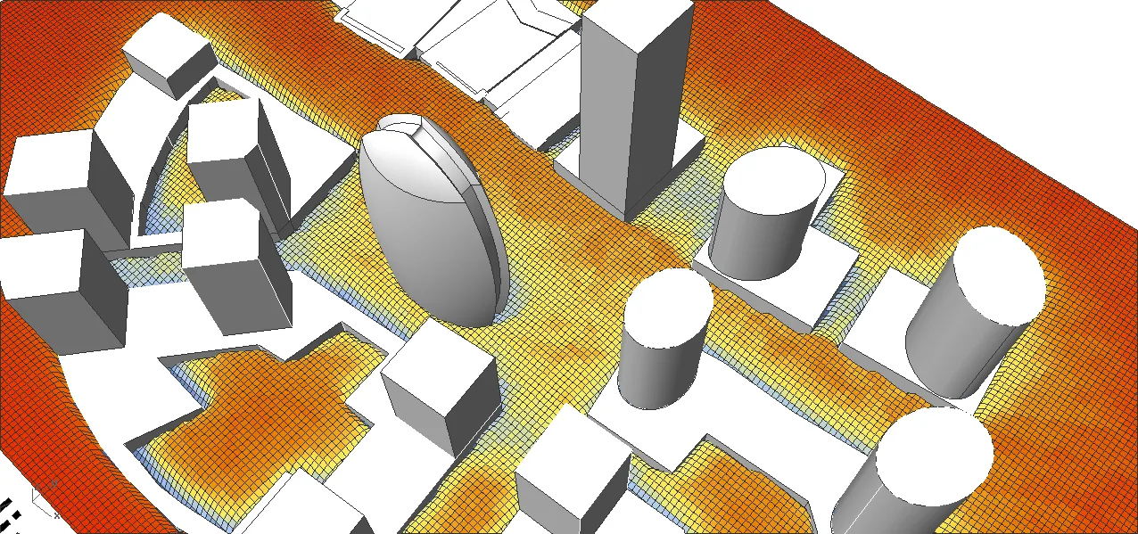 Ladybug cumulative radiation map in Rhino, colored from blue to red across streets around white city blocks and towers